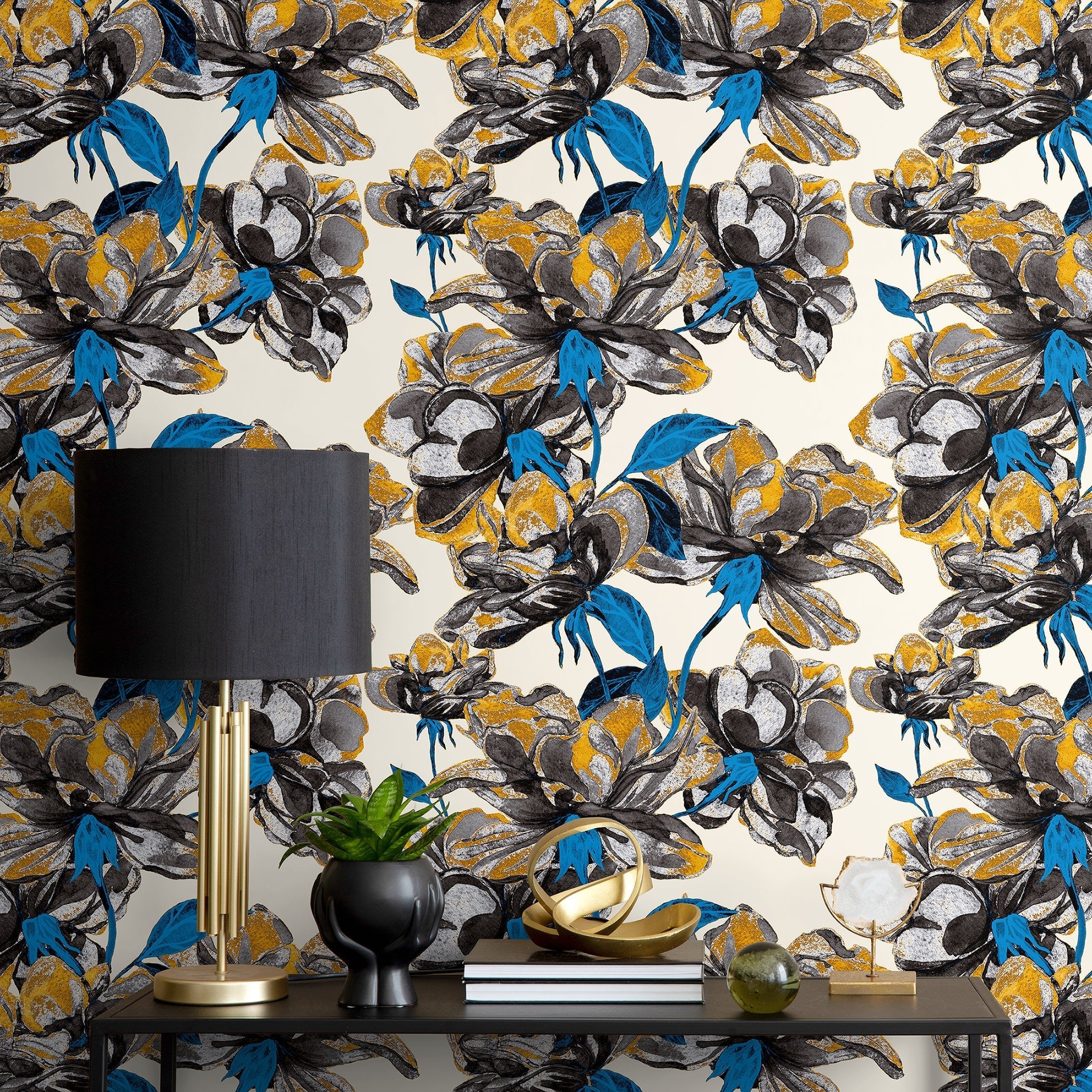 Floral Wallpaper With Stylized Blooms In Black, Yellow, And Blue - A410