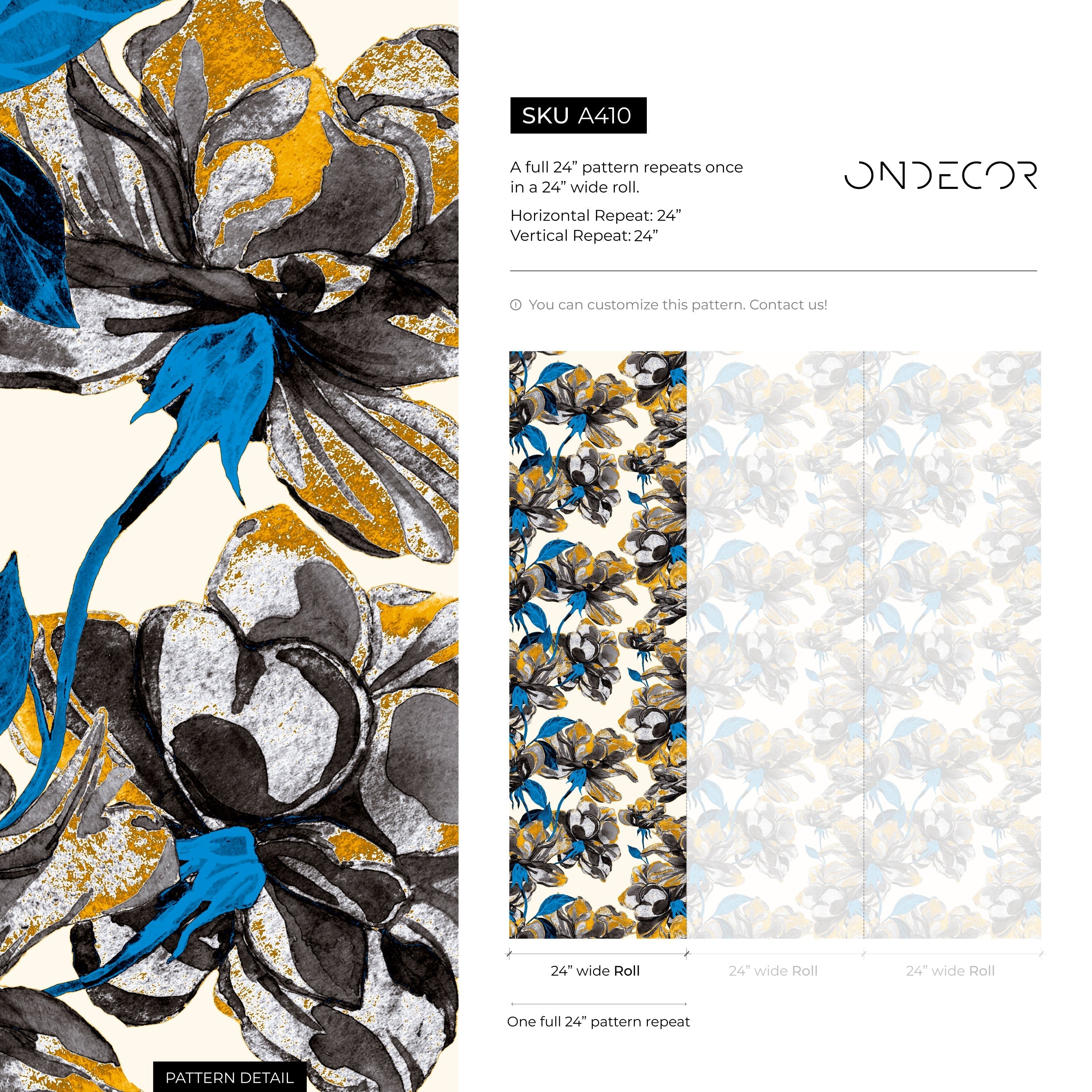 Floral Wallpaper With Stylized Blooms In Black, Yellow, And Blue - A410