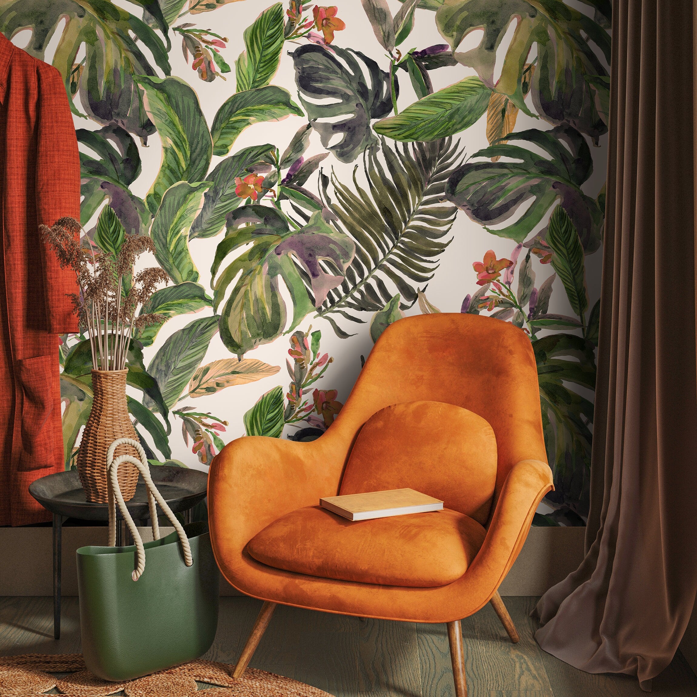 Botanical Wallpaper With Watercolor Monstera Leaves In Green, Purple, And Red - A487