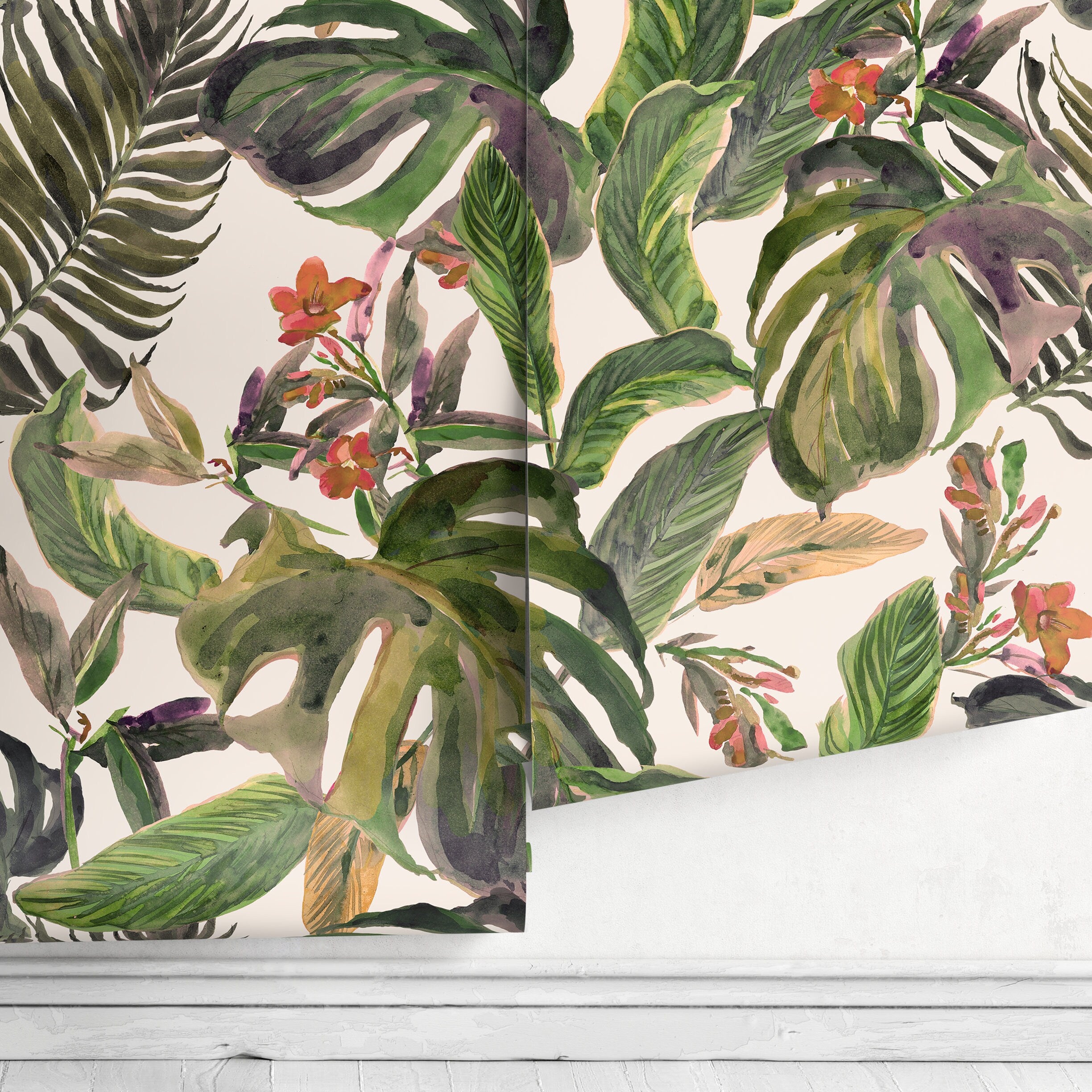 Botanical Wallpaper With Watercolor Monstera Leaves In Green, Purple, And Red - A487