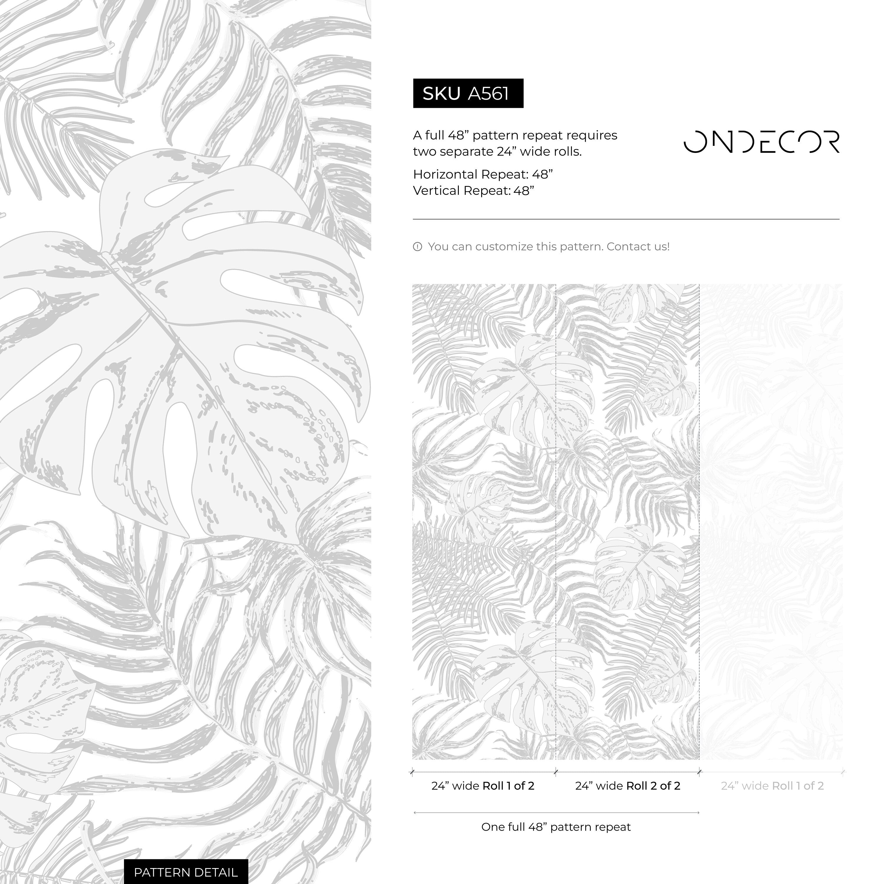Tropical Wallpaper With Layered Palm And Monstera Leaves In Grey - A561