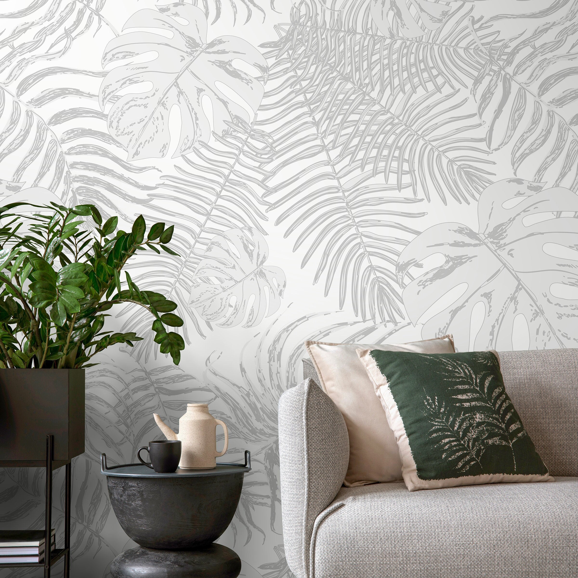 Tropical Wallpaper With Layered Palm And Monstera Leaves In Grey - A561