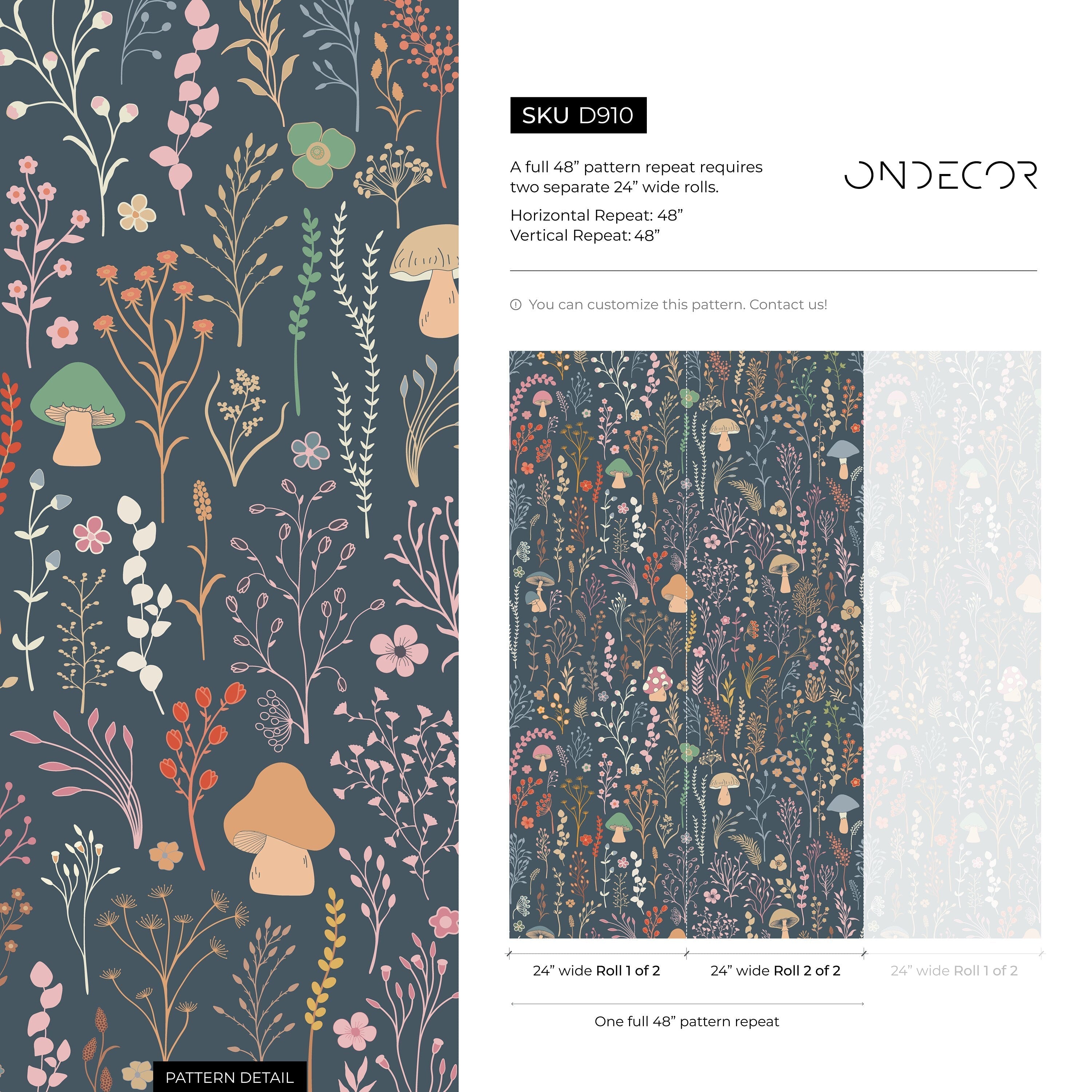 Botanical Wallpaper Featuring Mushrooms And Wildflowers In Pink And Orange - D910