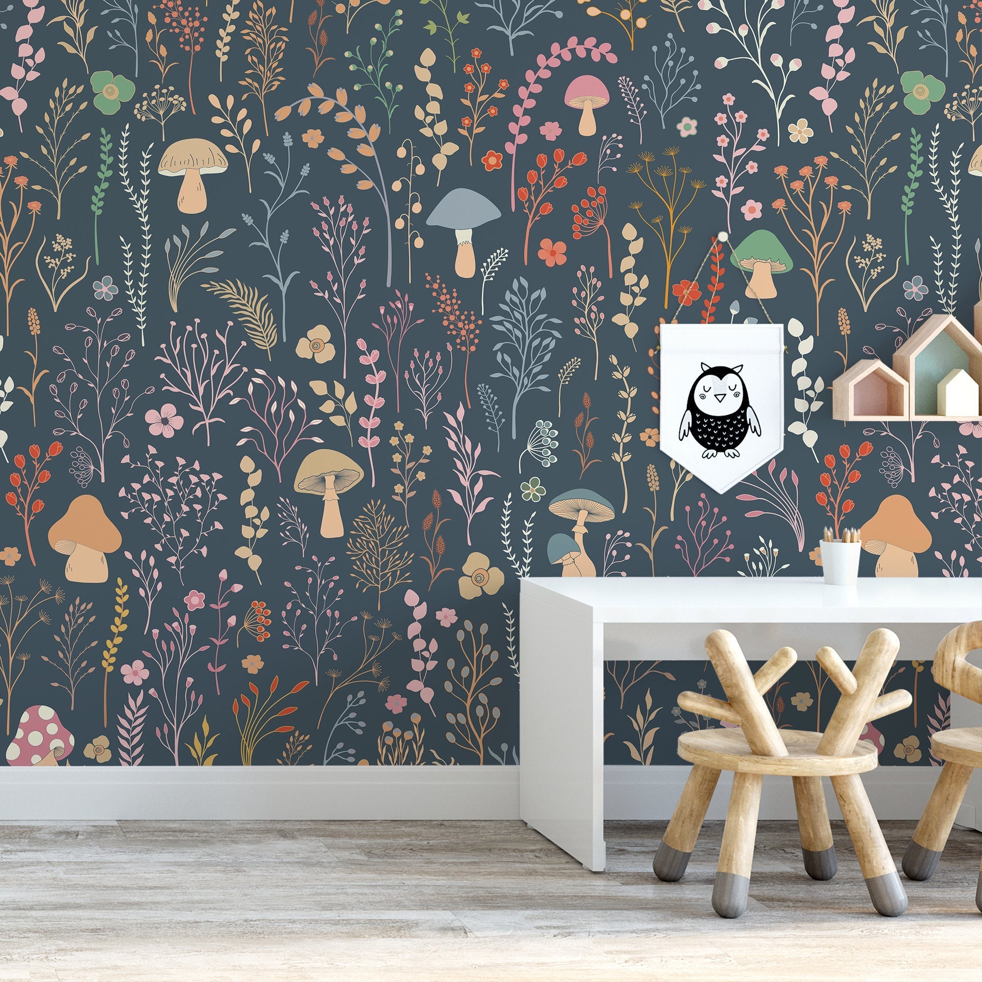 Botanical Wallpaper Featuring Mushrooms And Wildflowers In Pink And Orange - D910