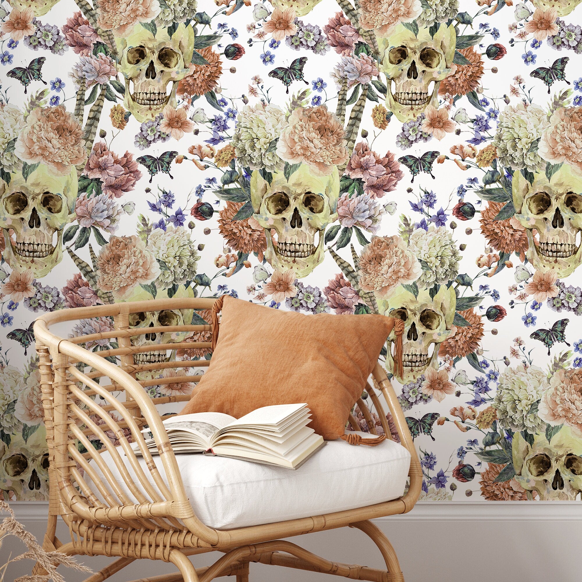 Floral Wallpaper With A Gothic Skull Motif In Peach, Purple, And Tan - D923