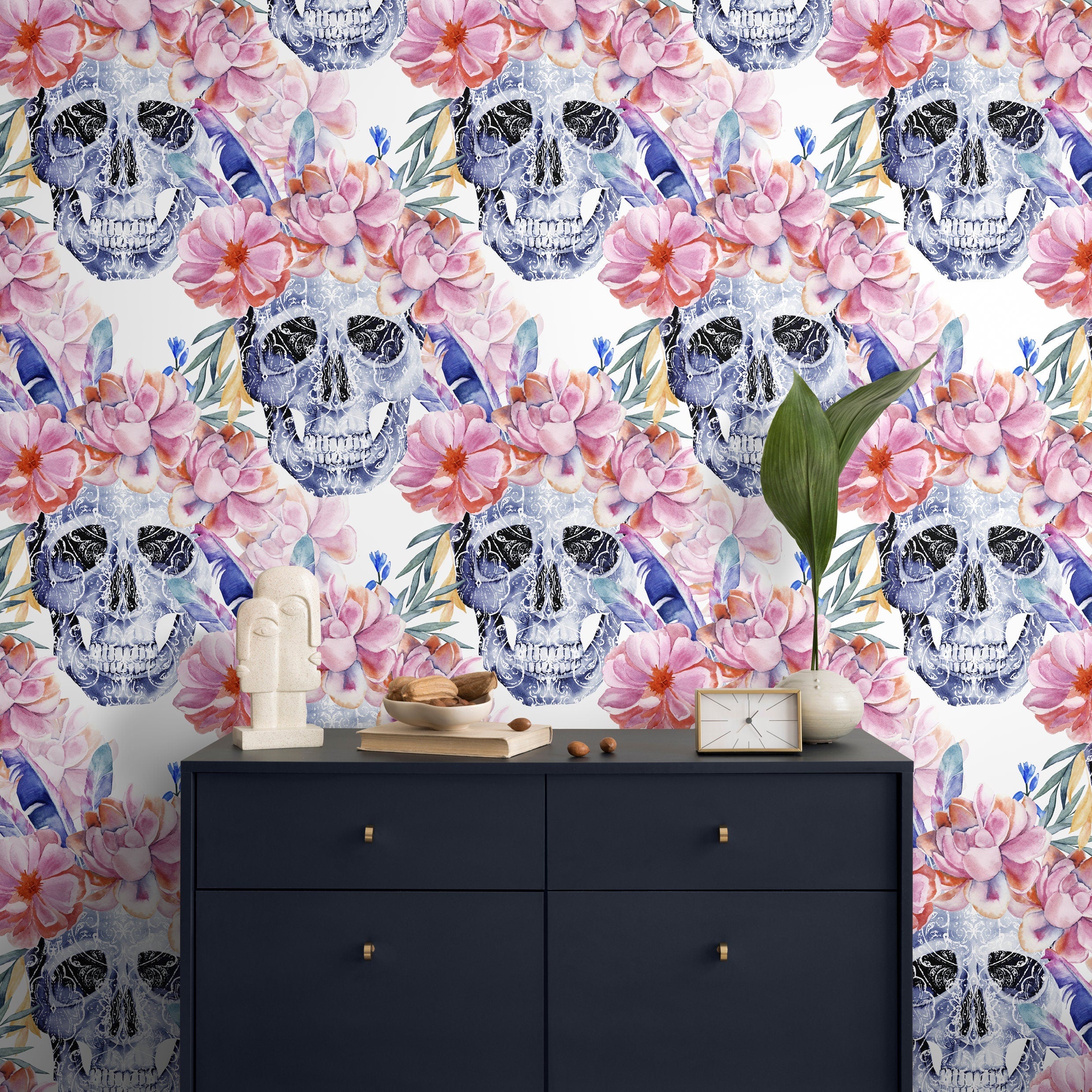 Floral Wallpaper With Ornamental Skulls In Blue, Pink, And Orange - D924