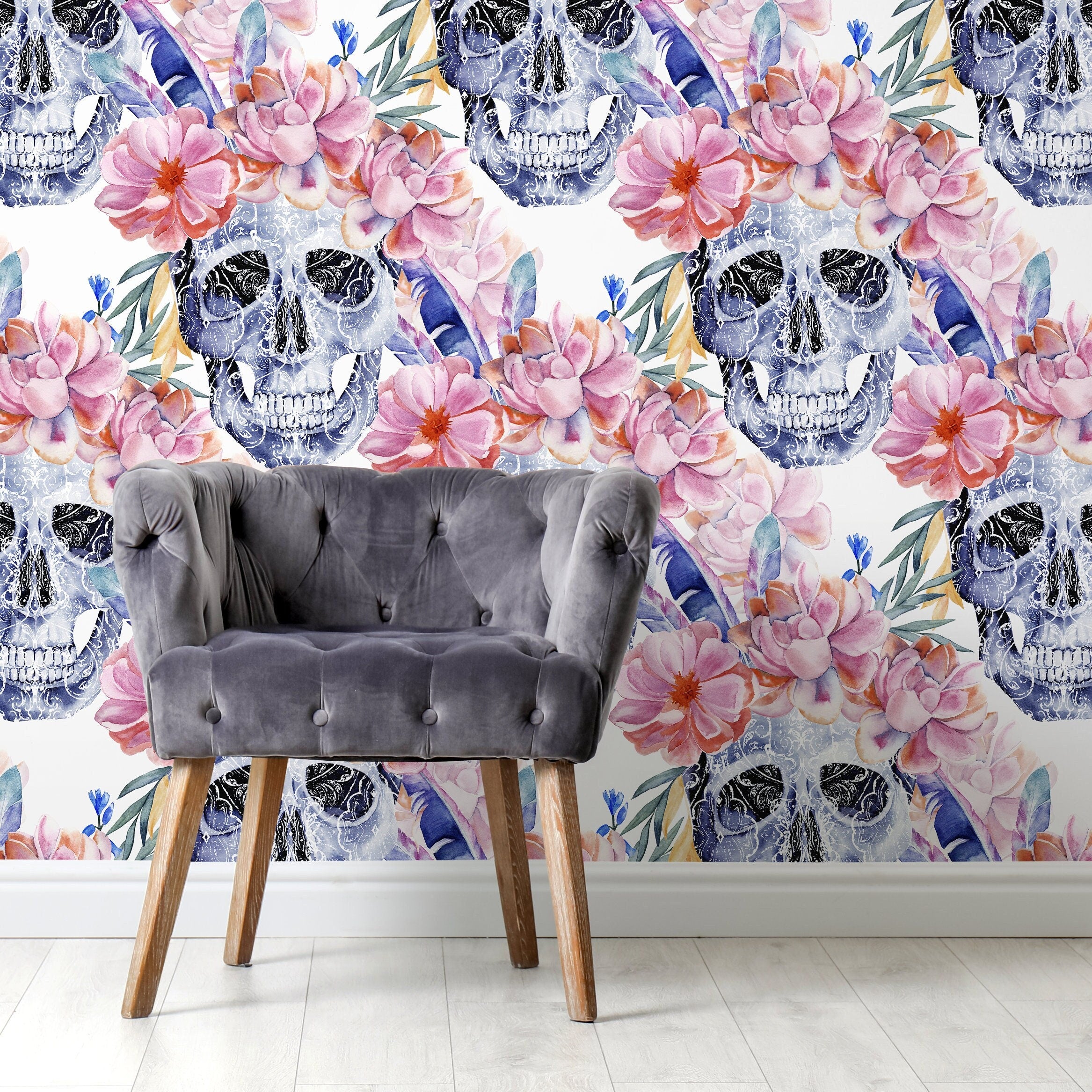 Floral Wallpaper With Ornamental Skulls In Blue, Pink, And Orange - D924