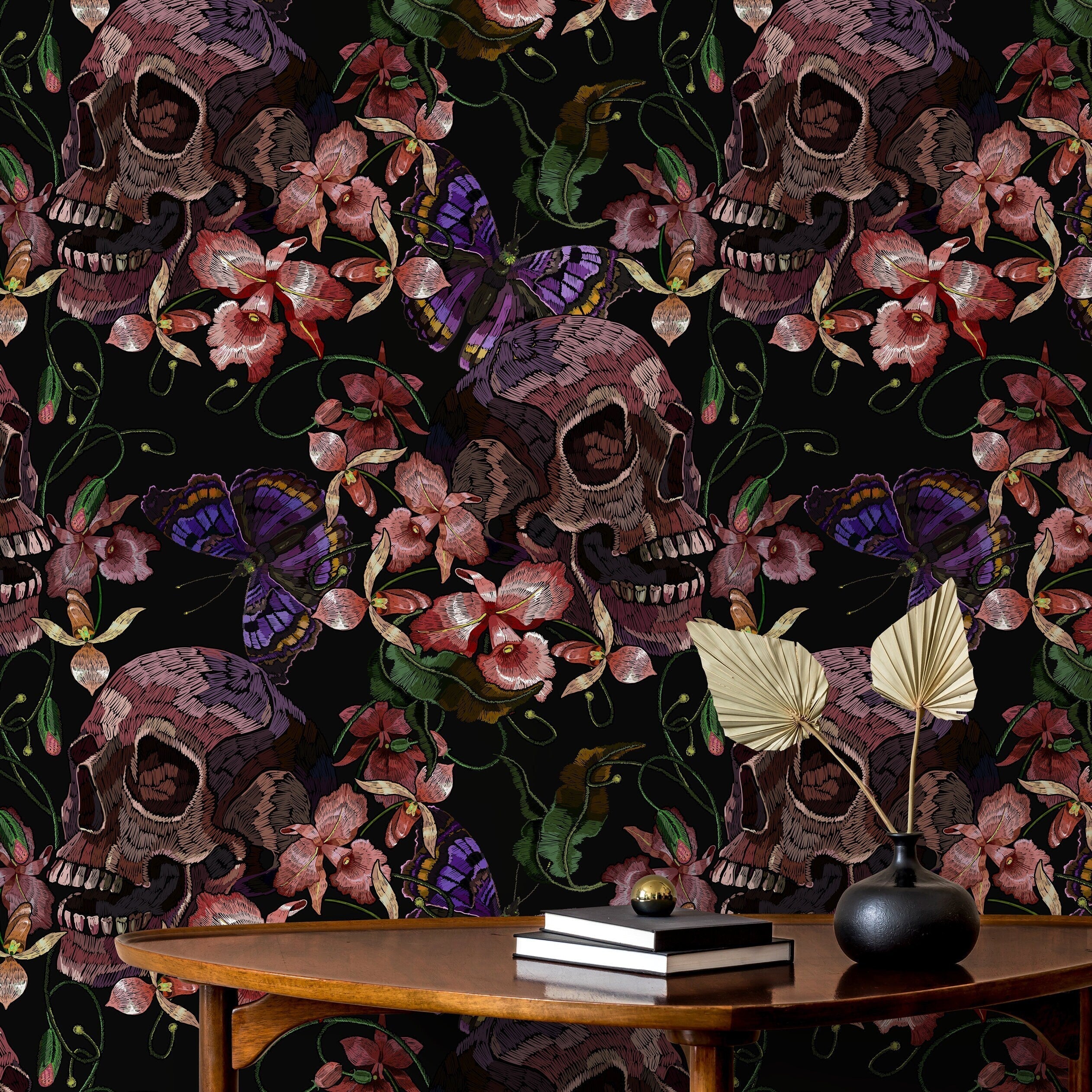 Gothic Wallpaper With Embroidered Skulls And Butterflies In Purple And Pink - D898