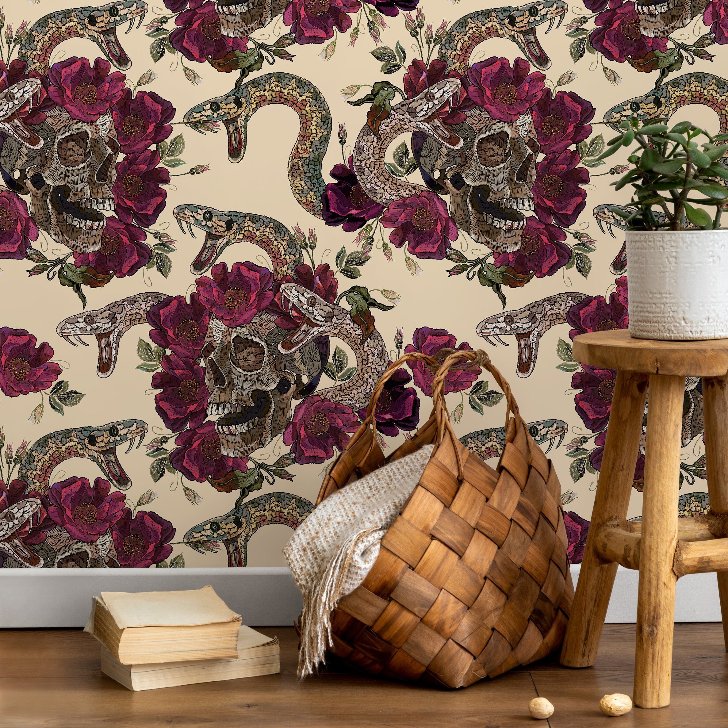 Gothic Wallpaper With Skulls, Snakes, And Roses In Burgundy And Brown - D902