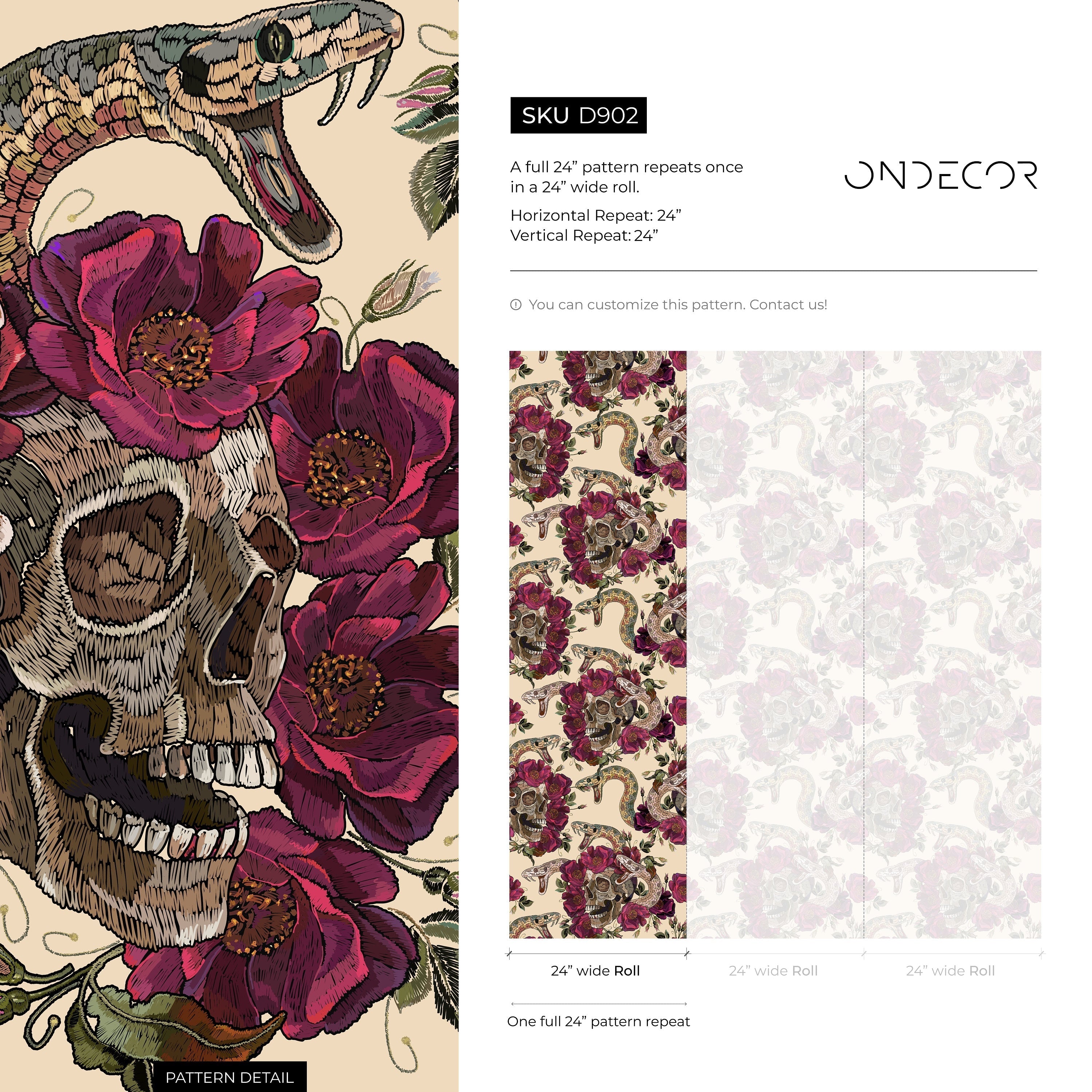 Gothic Wallpaper With Skulls, Snakes, And Roses In Burgundy And Brown - D902