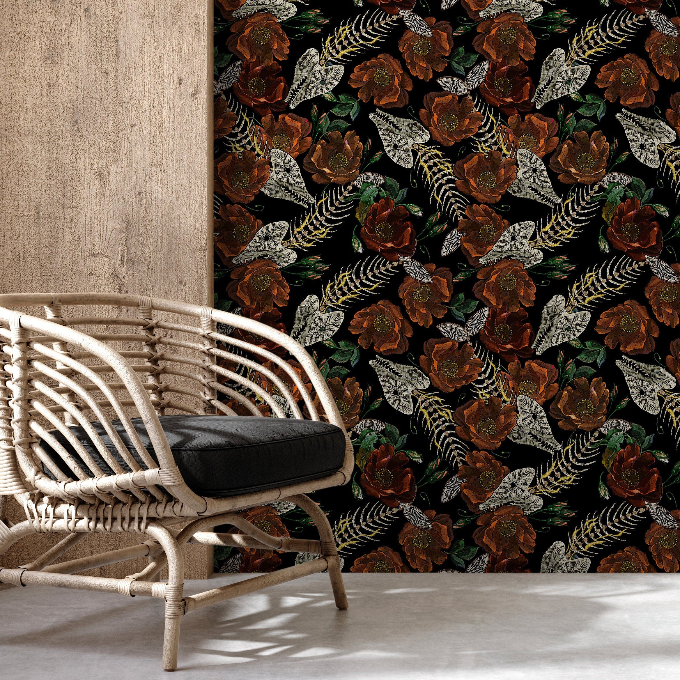 Gothic Botanical Wallpaper With Moths And Skeletons In Rust And Cream - D913