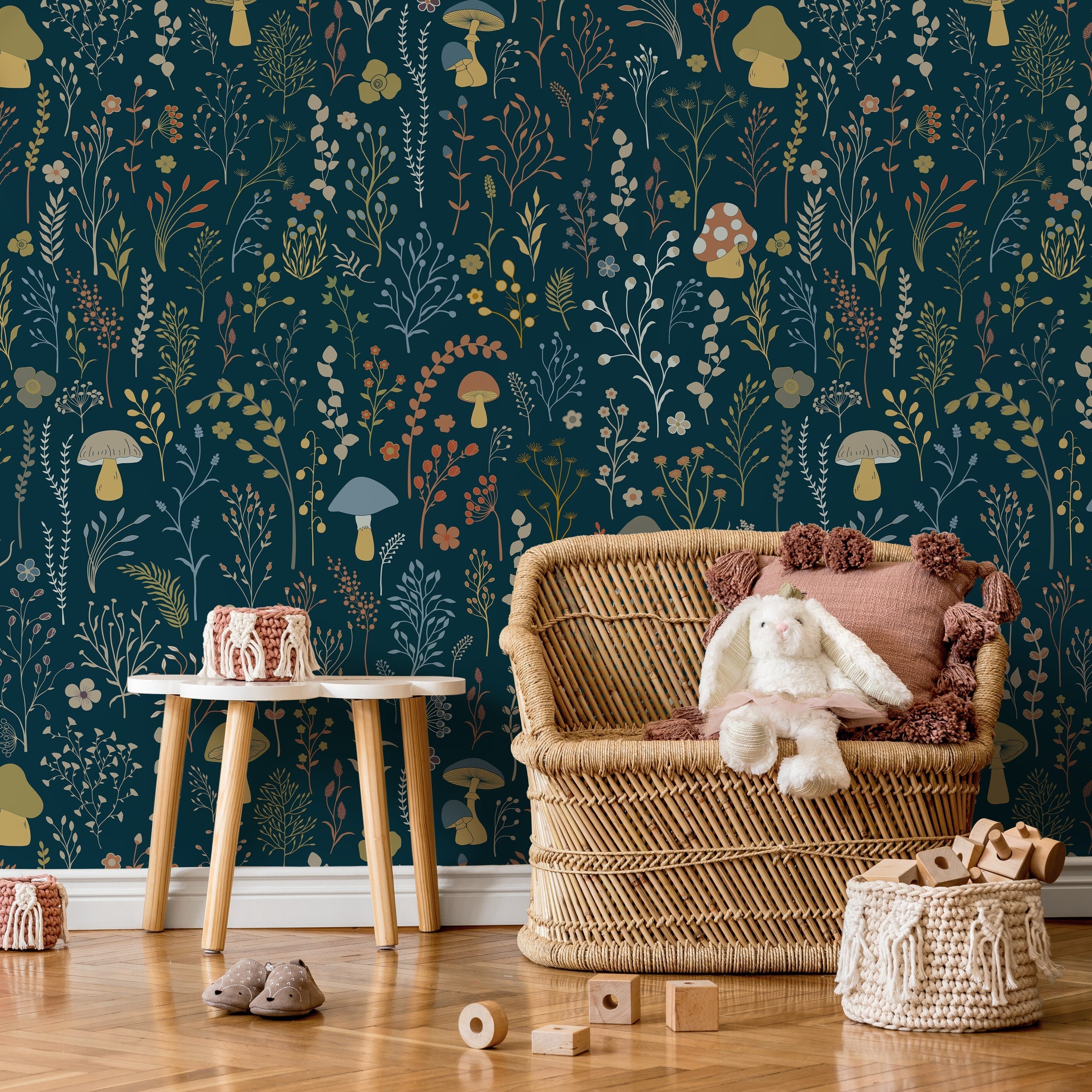 Botanical Wallpaper With Whimsical Mushrooms And Wildflowers In Teal, Green, And Orange - D911