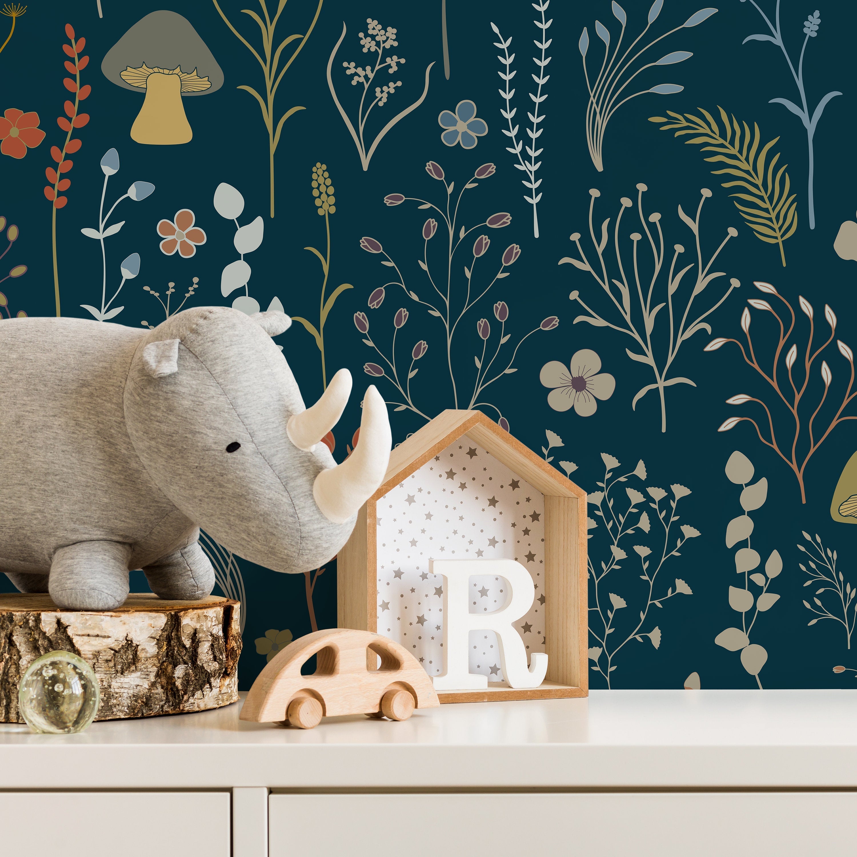 Botanical Wallpaper With Whimsical Mushrooms And Wildflowers In Teal, Green, And Orange - D911