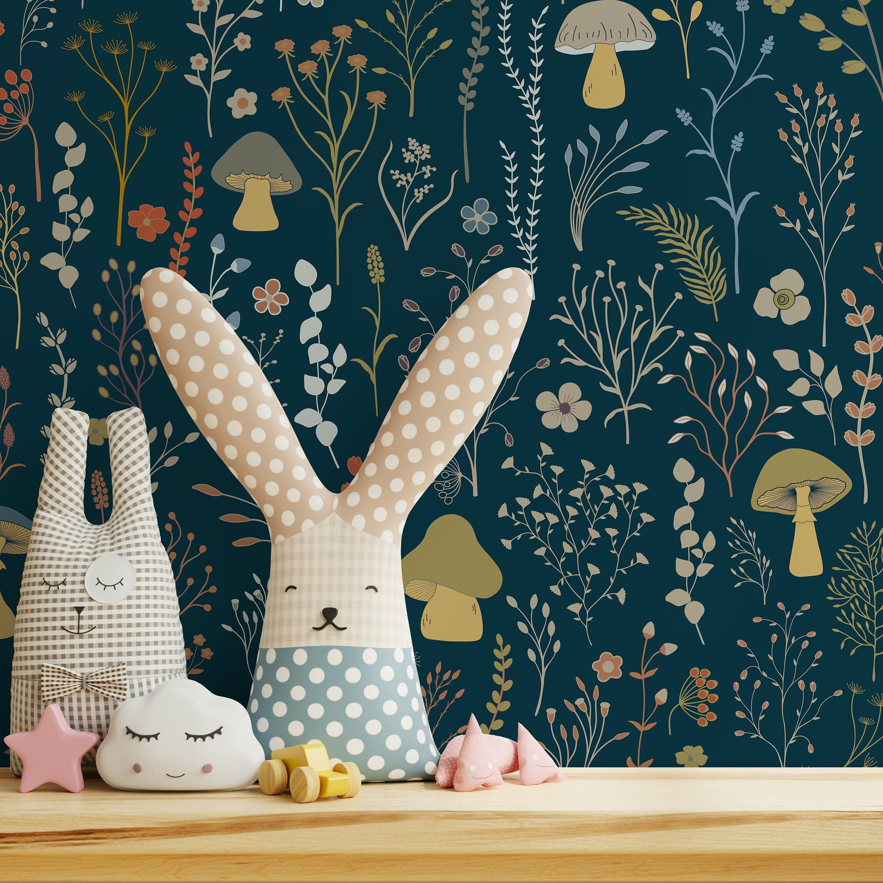 Botanical Wallpaper With Whimsical Mushrooms And Wildflowers In Teal, Green, And Orange - D911