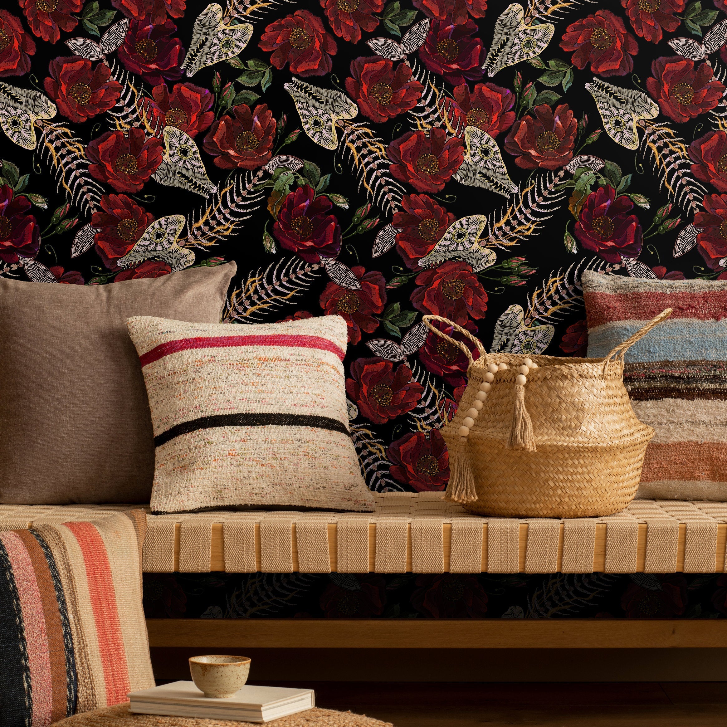 Gothic Wallpaper With Fish Skeletons And Red Roses In Black And Beige - D912