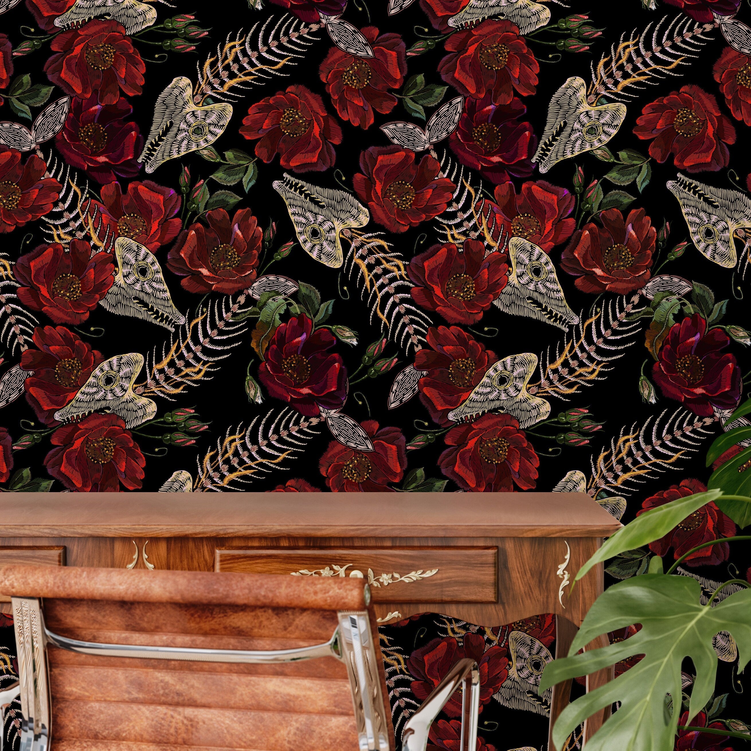 Gothic Wallpaper With Fish Skeletons And Red Roses In Black And Beige - D912