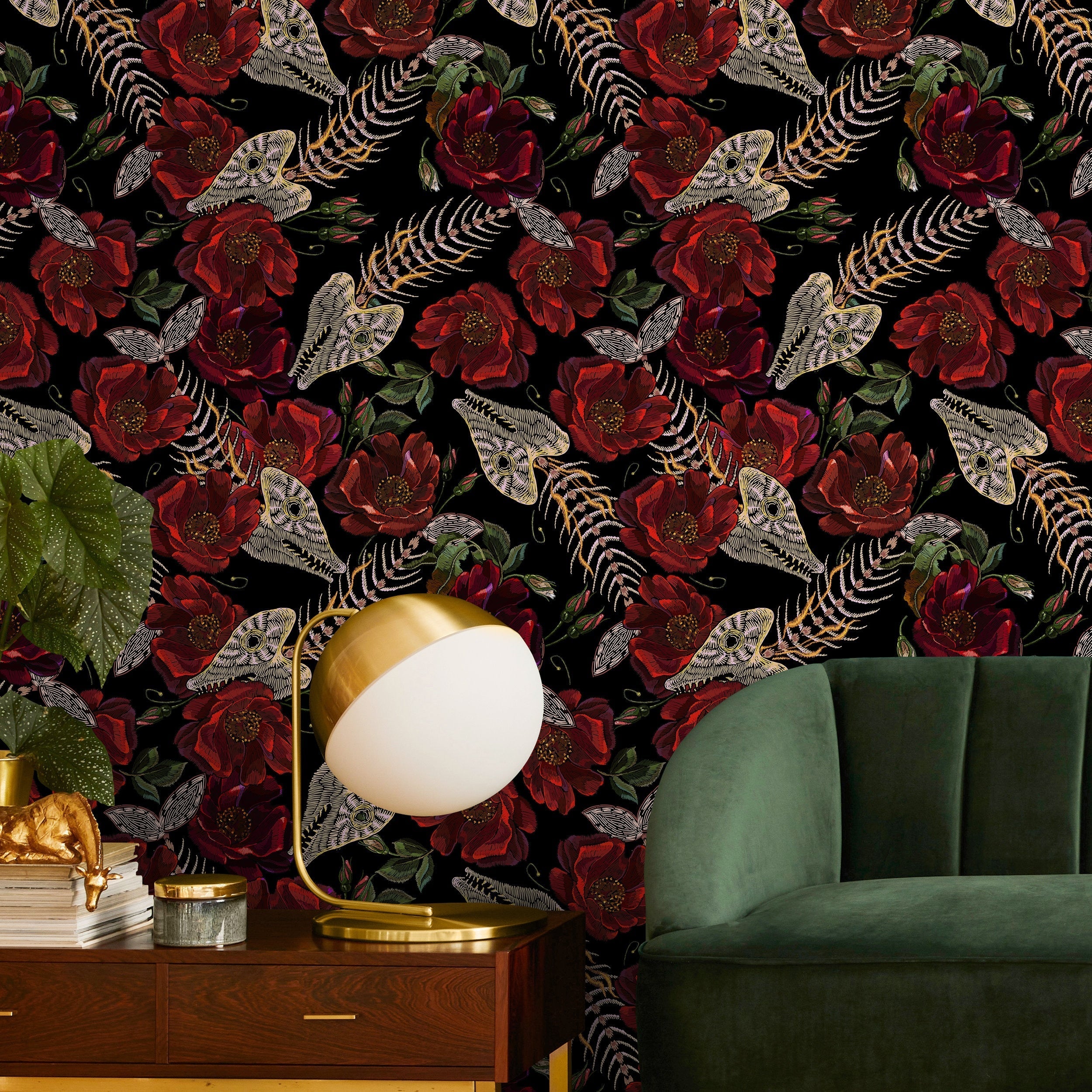 Gothic Wallpaper With Fish Skeletons And Red Roses In Black And Beige - D912