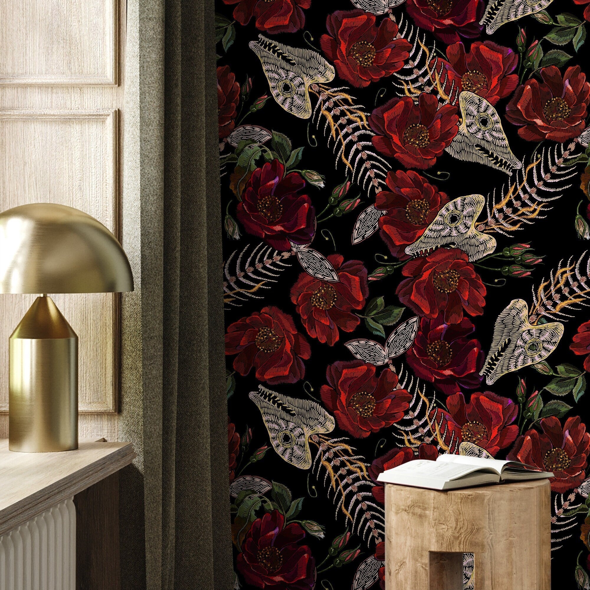 Gothic Wallpaper With Fish Skeletons And Red Roses In Black And Beige - D912