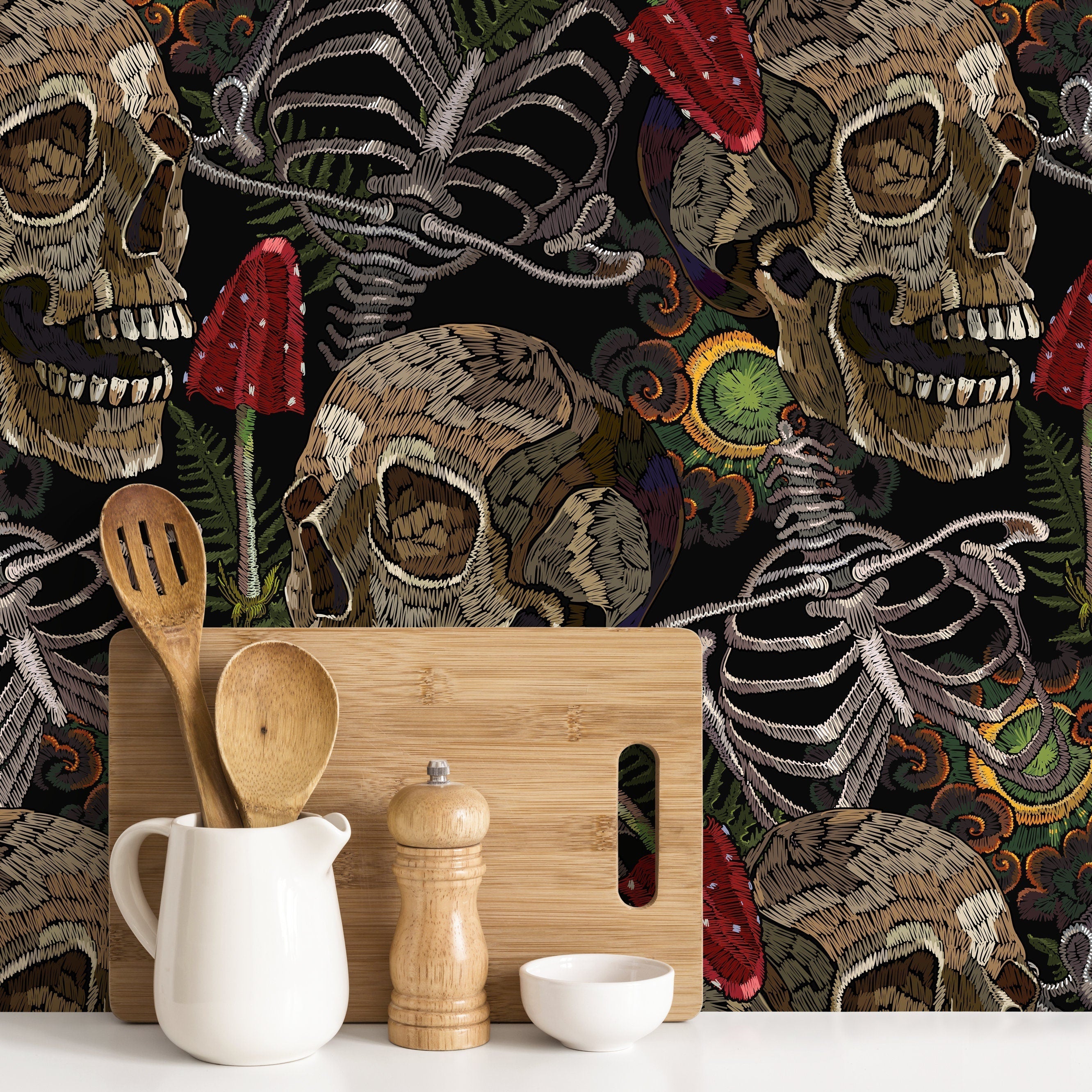 Gothic Wallpaper Featuring Skulls And Ferns In Brown, Green, And Red - D917