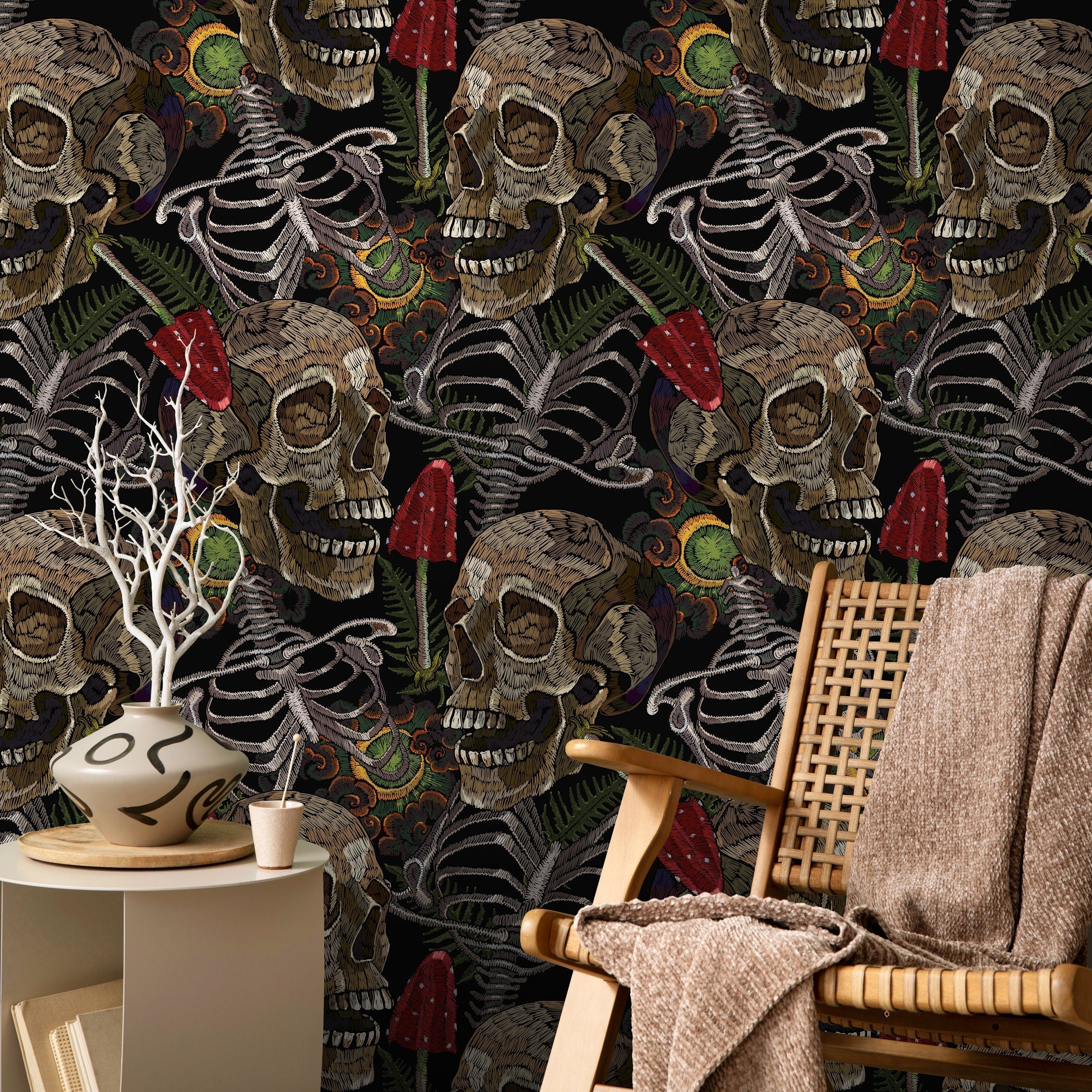 Gothic Wallpaper Featuring Skulls And Ferns In Brown, Green, And Red - D917