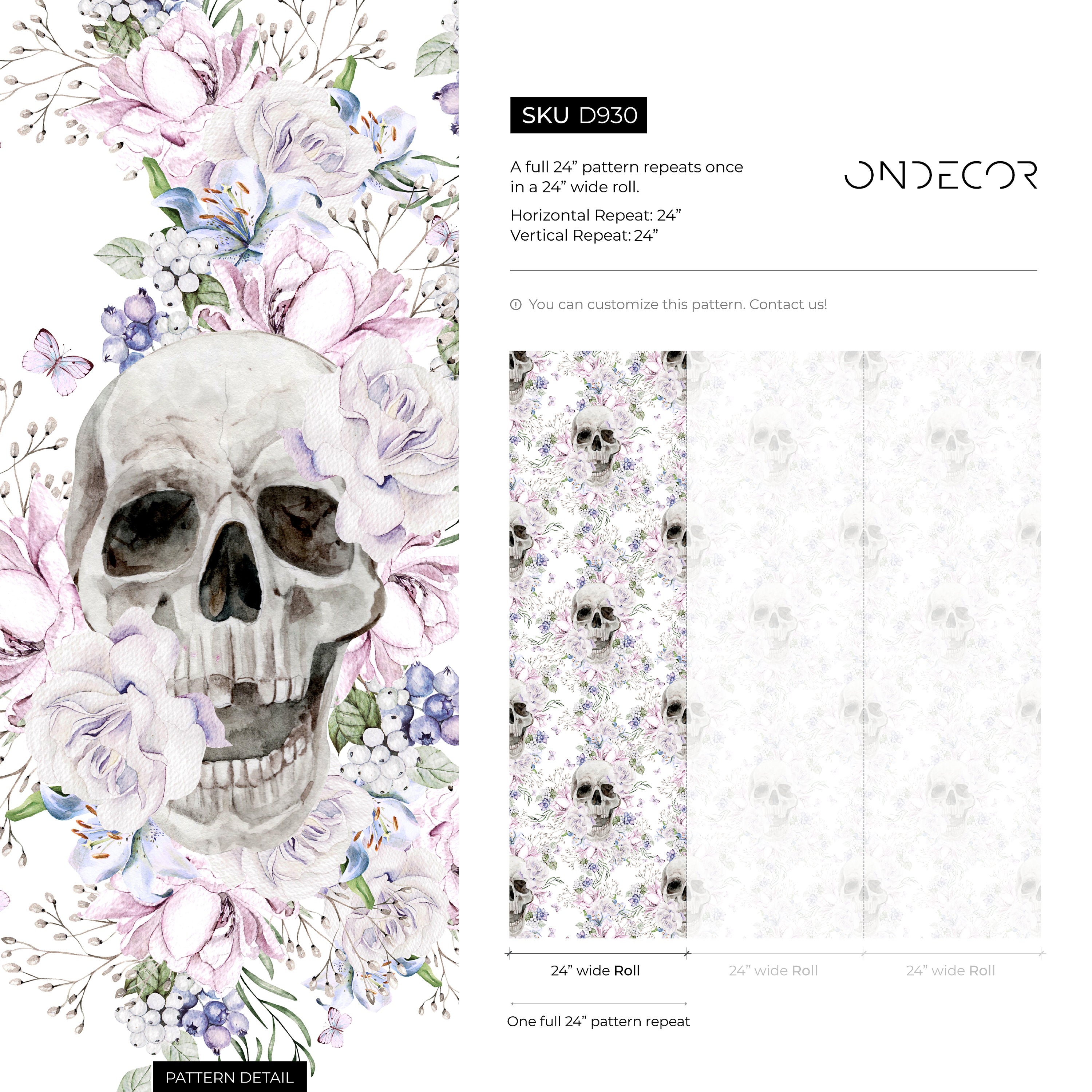 Gothic Wallpaper With A Floral Skull Motif In Gray, Pink, And Lavender - D930