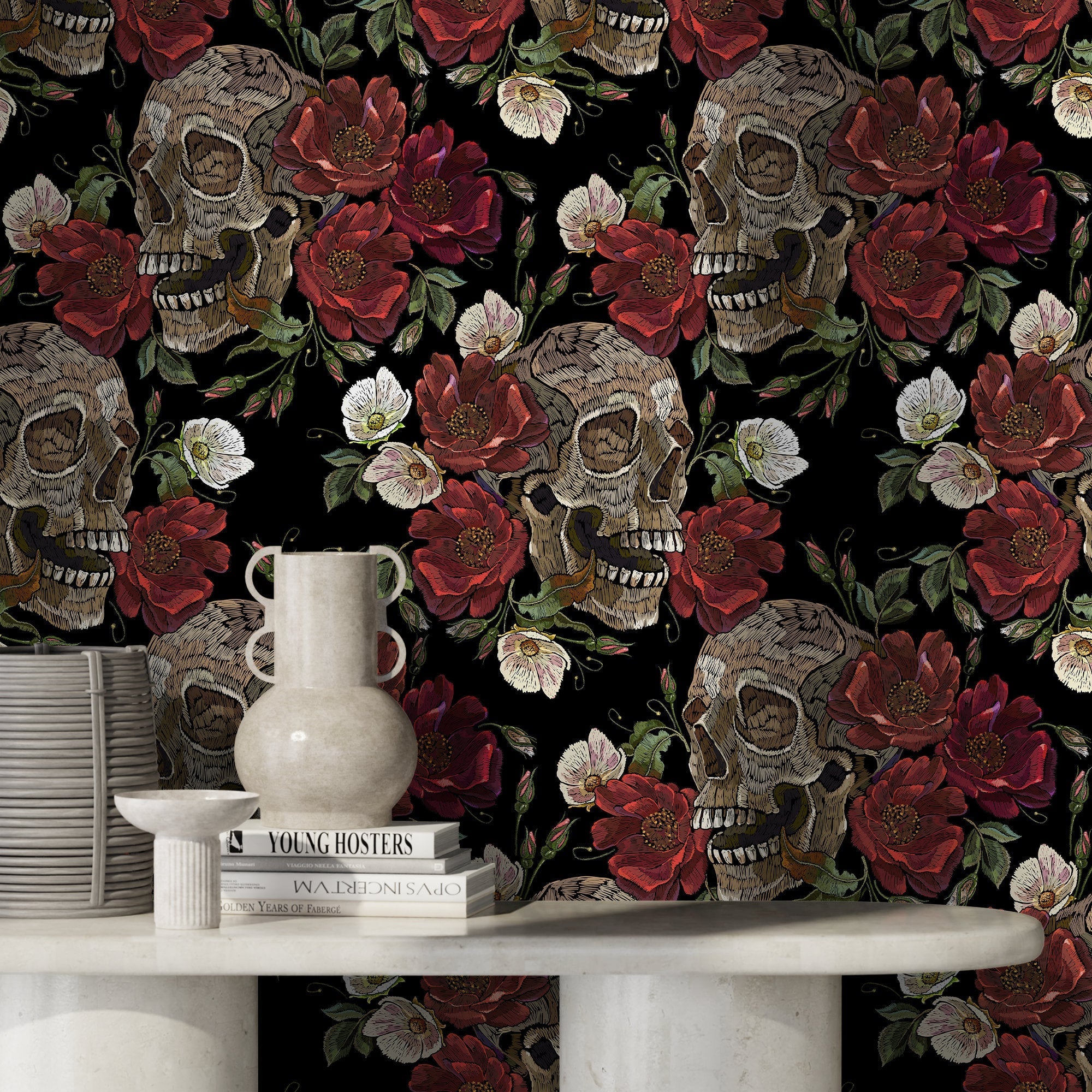 Gothic Wallpaper With Skulls And Floral Blooms In Red And Beige - D907