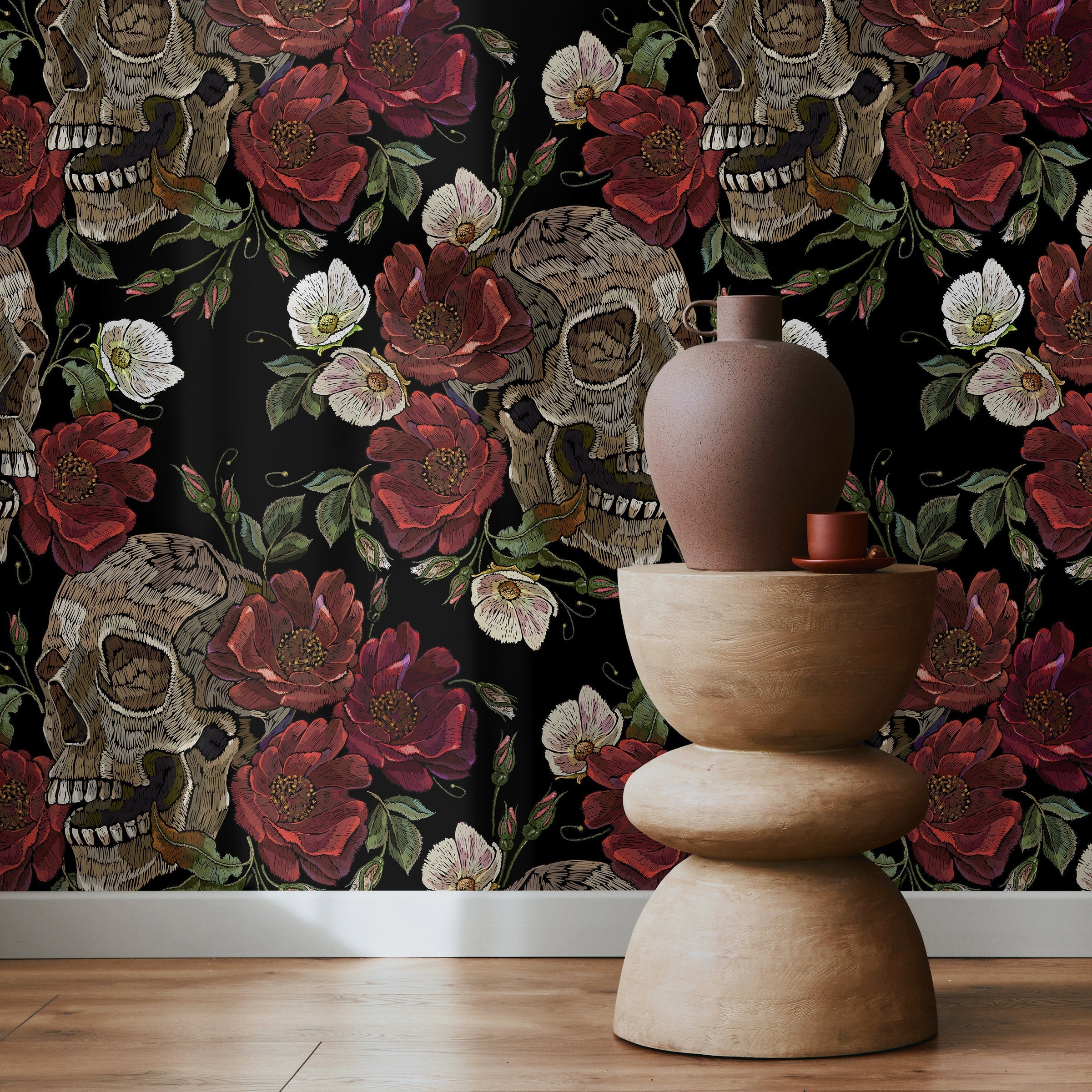 Gothic Wallpaper With Skulls And Floral Blooms In Red And Beige - D907