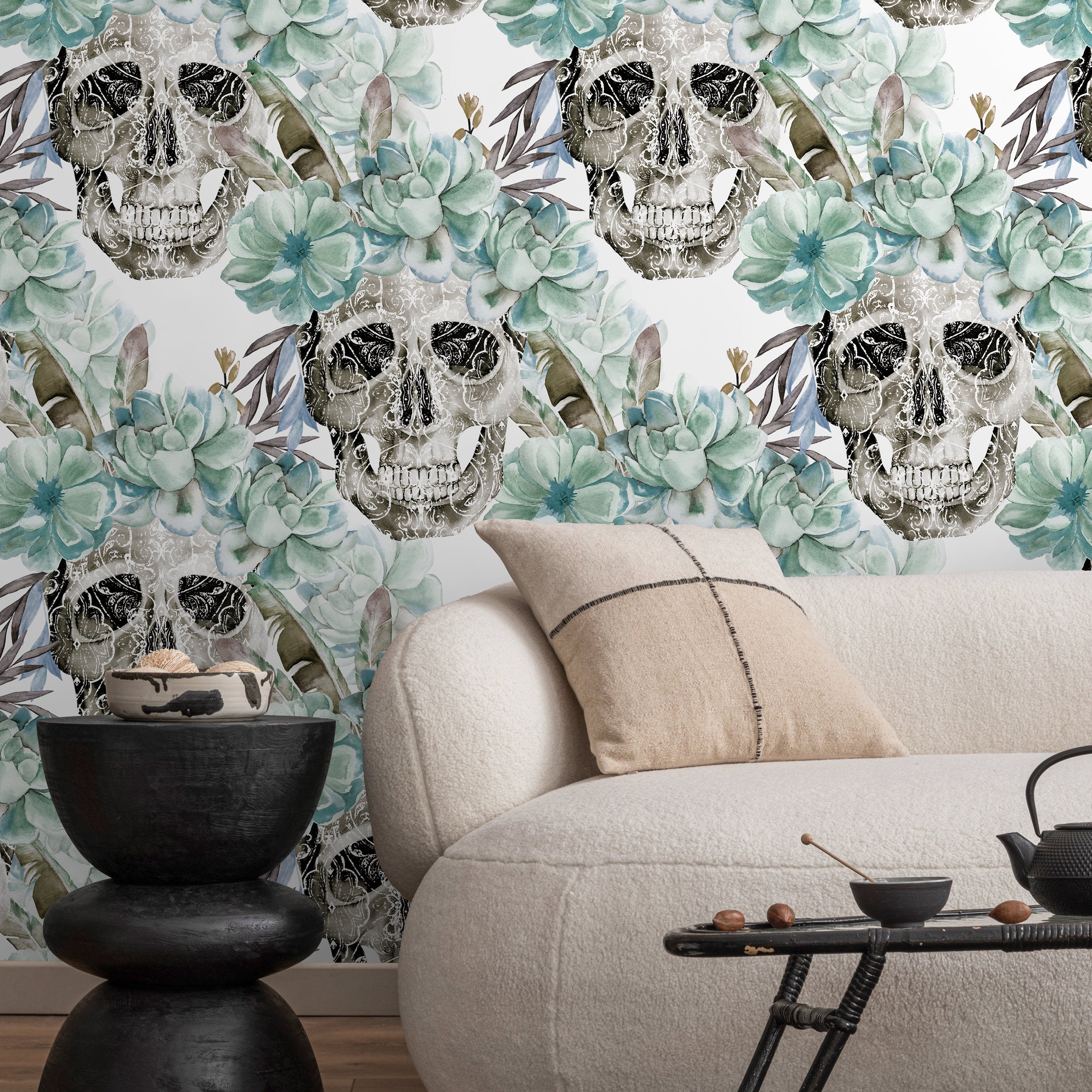 Gothic Wallpaper With Succulents And Ornate Skulls In Green And Grey - D925