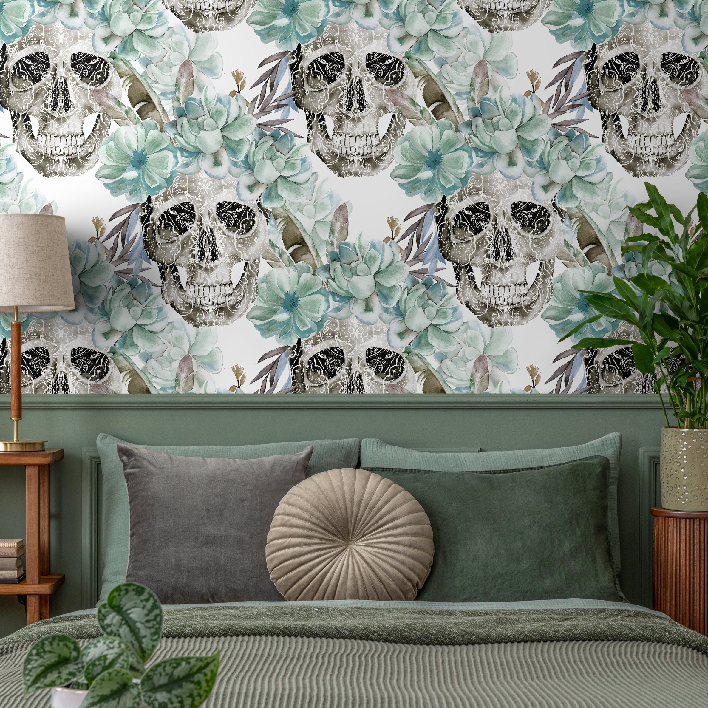 Gothic Wallpaper With Succulents And Ornate Skulls In Green And Grey - D925