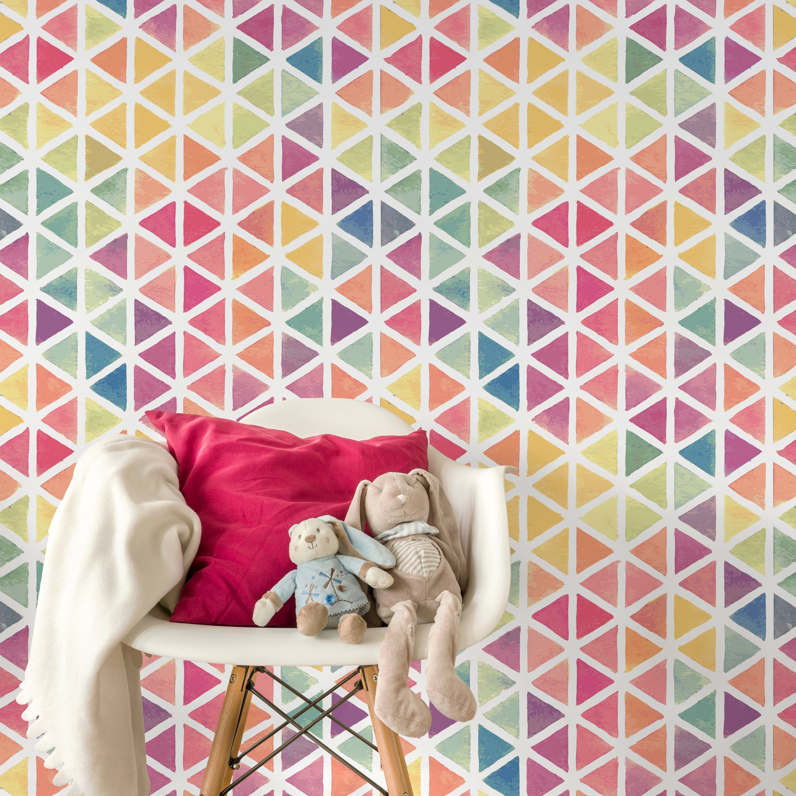 Geometric Wallpaper With A Watercolor Triangle Motif In Pink, Blue, And Yellow - A157
