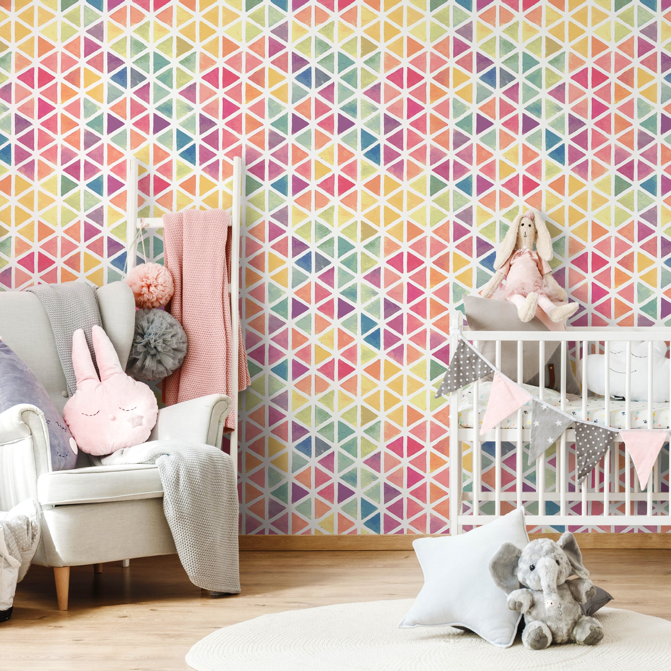 Geometric Wallpaper With A Watercolor Triangle Motif In Pink, Blue, And Yellow - A157