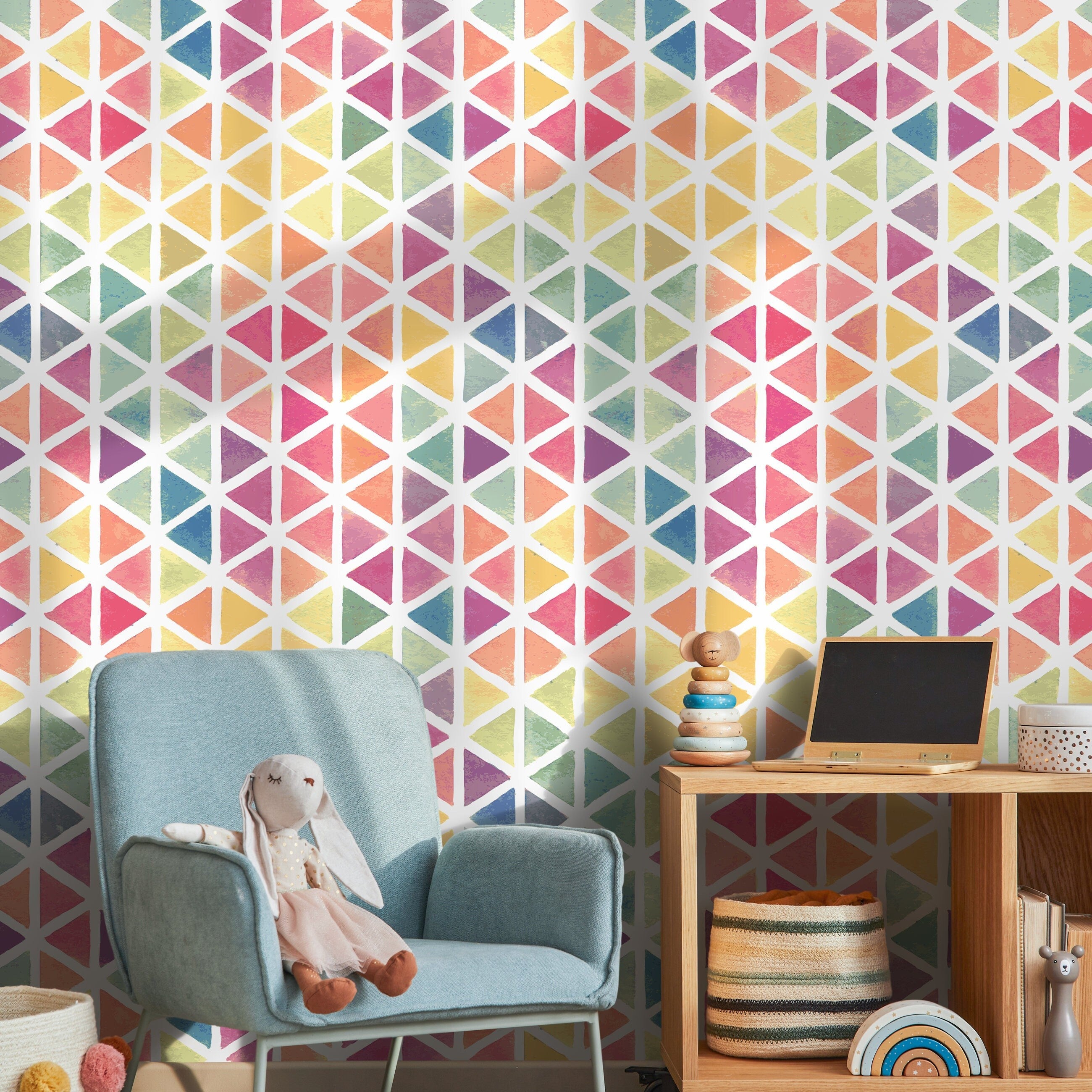 Geometric Wallpaper With A Watercolor Triangle Motif In Pink, Blue, And Yellow - A157