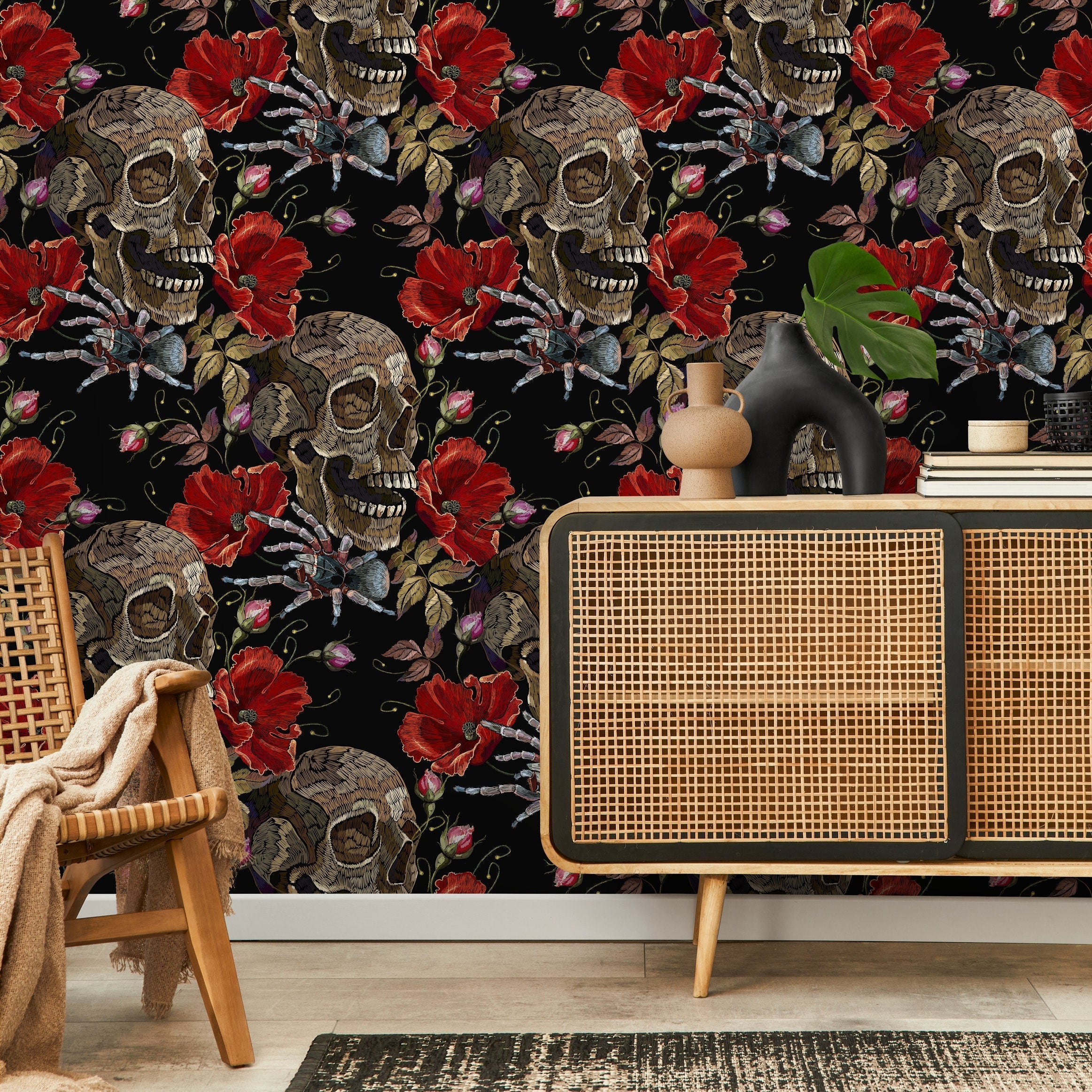 Gothic Wallpaper With An Embroidered Skull And Spider Motif In Red, Brown, And Black - D916