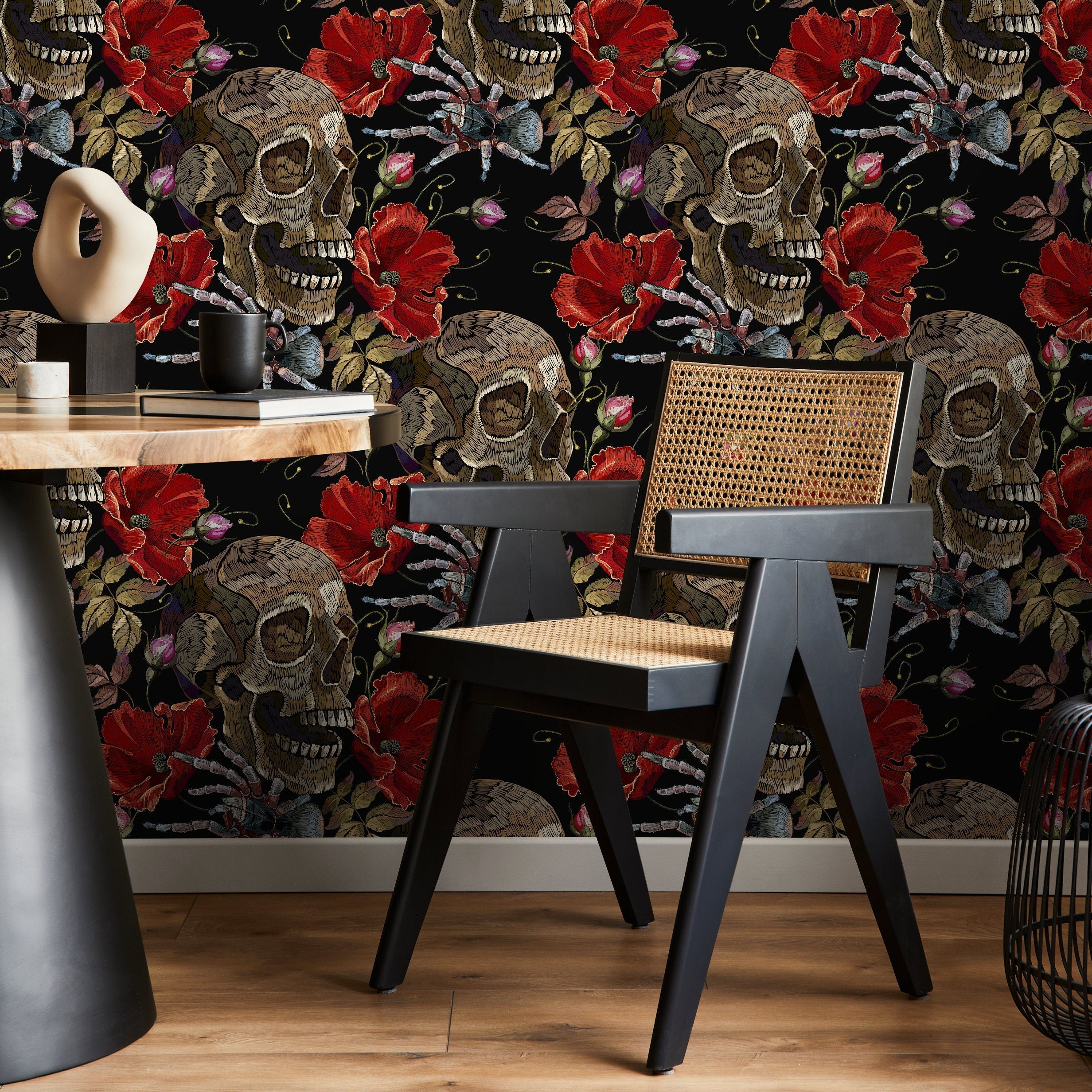 Gothic Wallpaper With An Embroidered Skull And Spider Motif In Red, Brown, And Black - D916