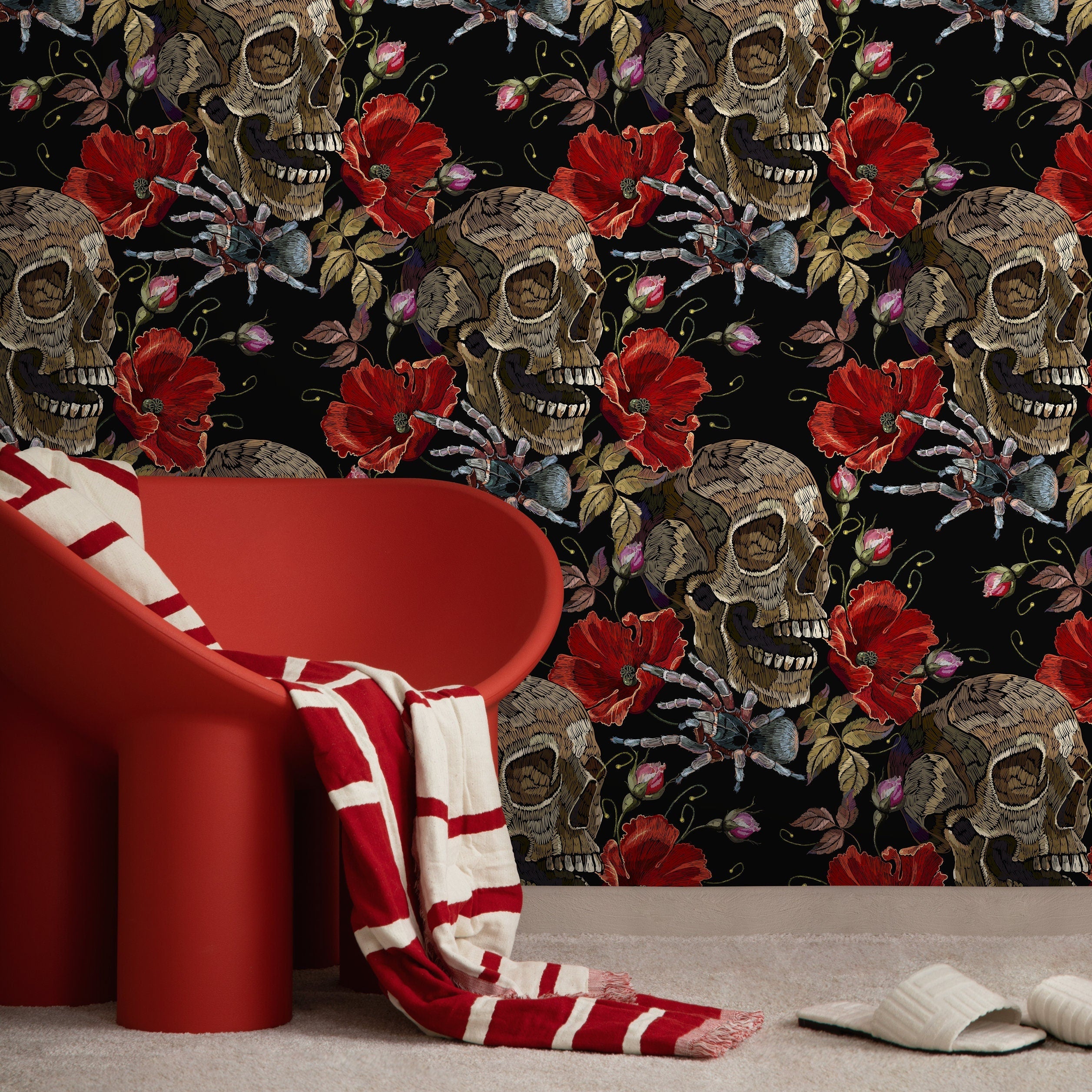 Gothic Wallpaper With An Embroidered Skull And Spider Motif In Red, Brown, And Black - D916