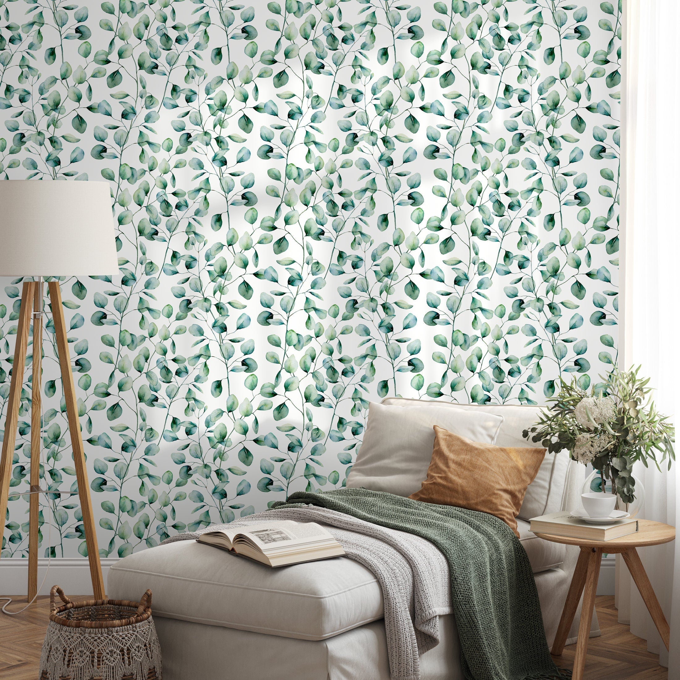 Botanical Wallpaper Featuring Watercolor Eucalyptus Branches In Greens And Blues - A655
