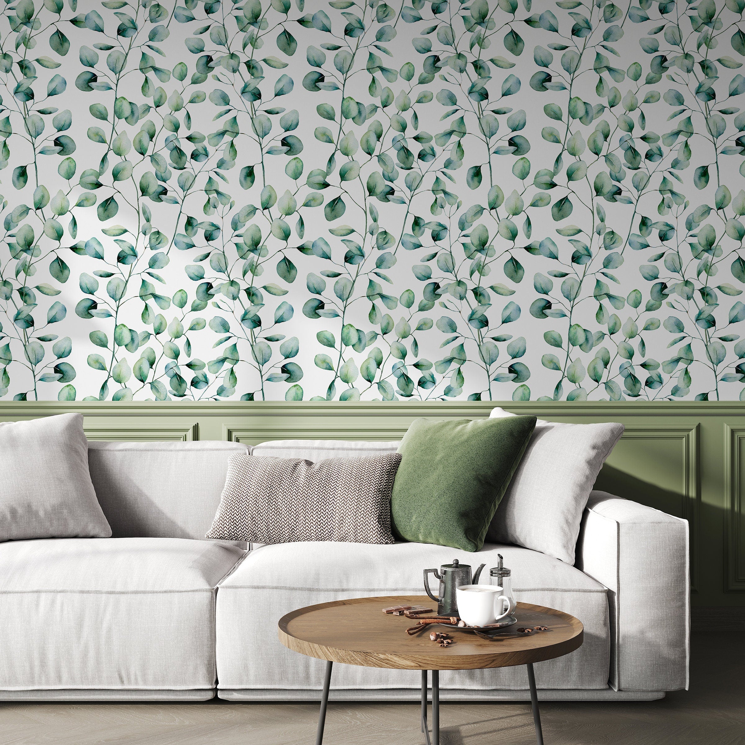 Botanical Wallpaper Featuring Watercolor Eucalyptus Branches In Greens And Blues - A655