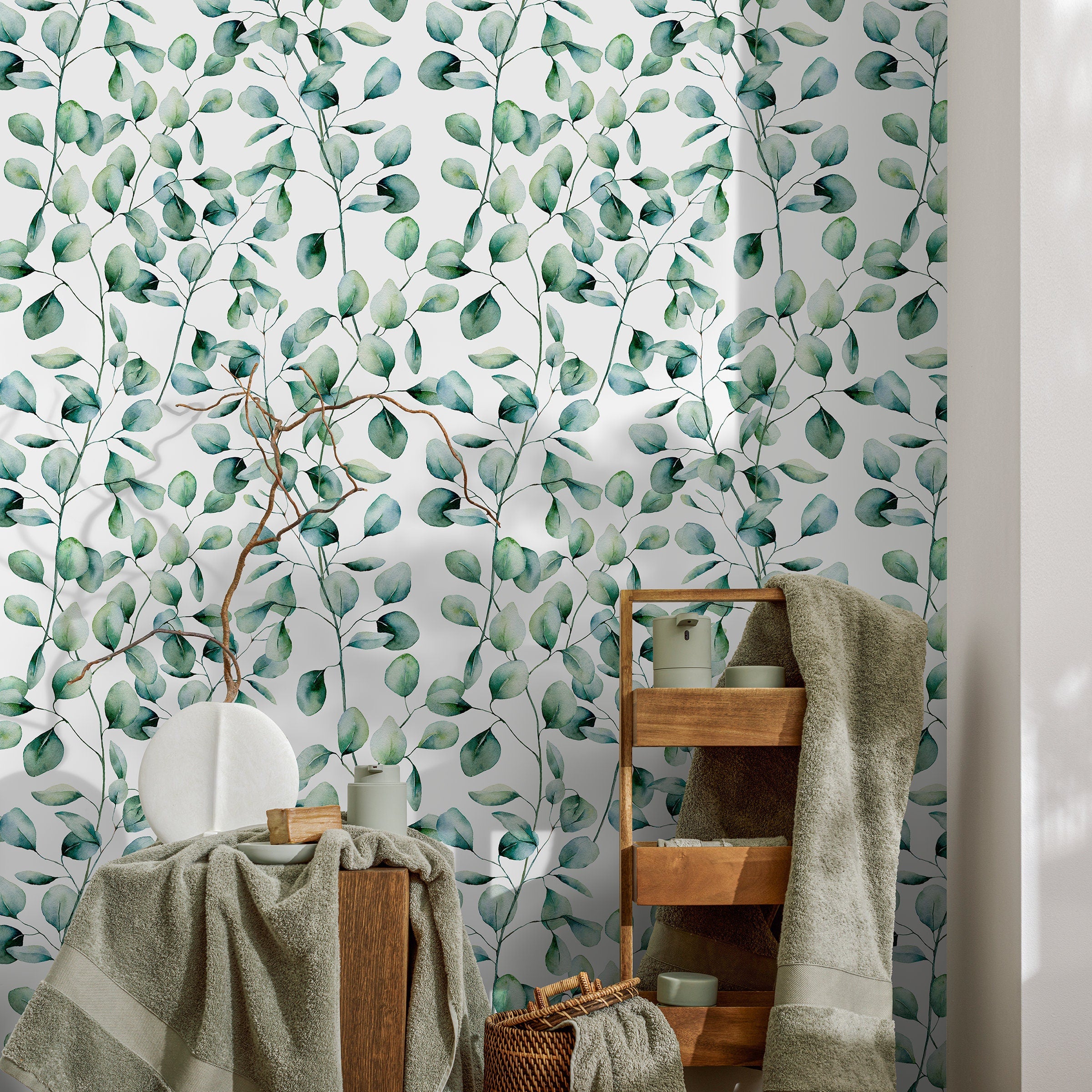 Botanical Wallpaper Featuring Watercolor Eucalyptus Branches In Greens And Blues - A655