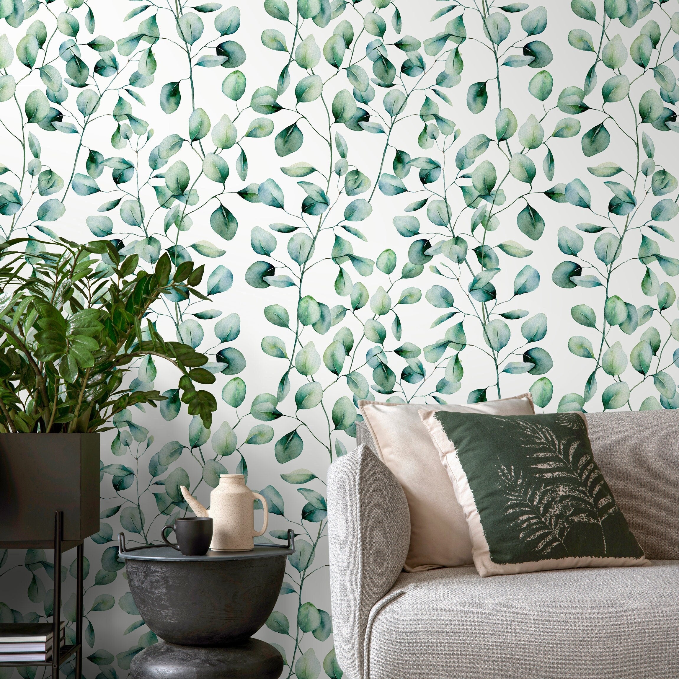 Botanical Wallpaper Featuring Watercolor Eucalyptus Branches In Greens And Blues - A655