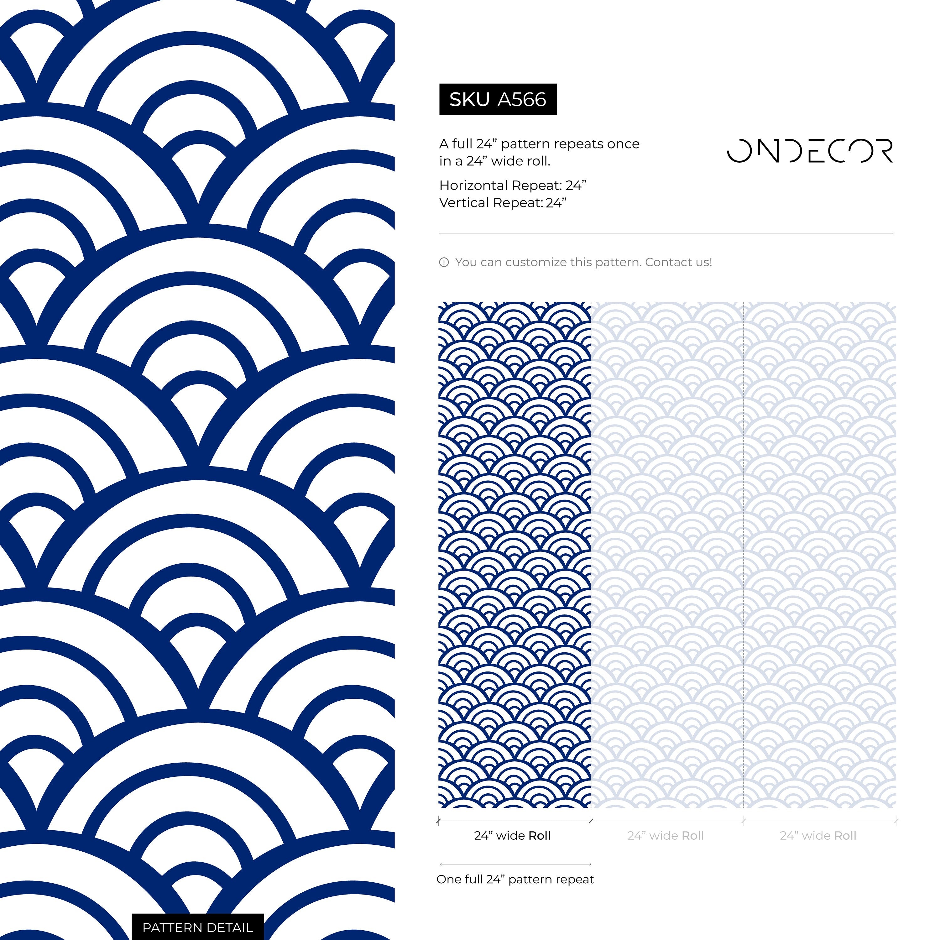 Geometric Wallpaper With A Japanese Wave Motif In Navy Blue And White - A566