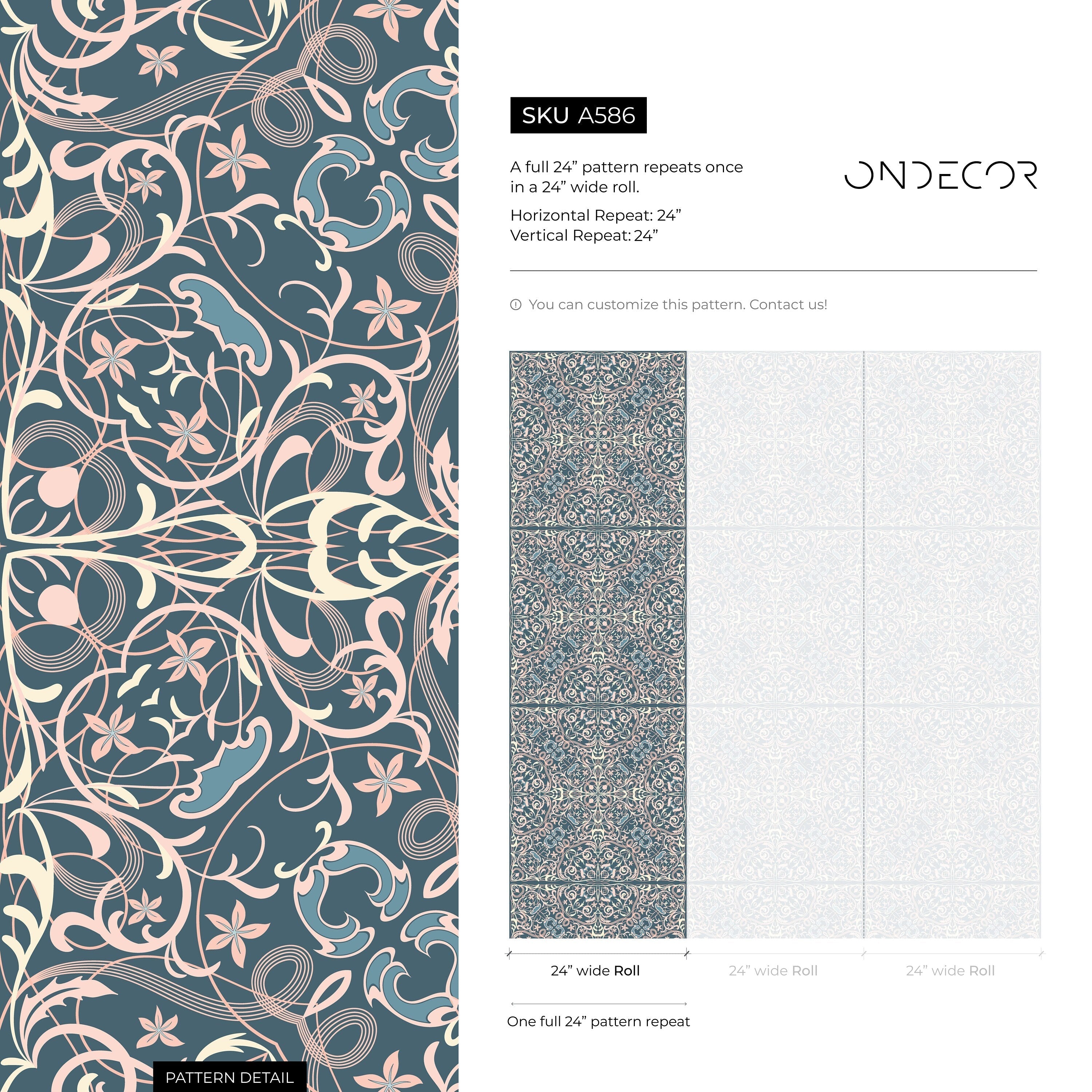 Tile Wallpaper With An Ornate Azulejos Motif In Teal, Pink, And Cream - A586