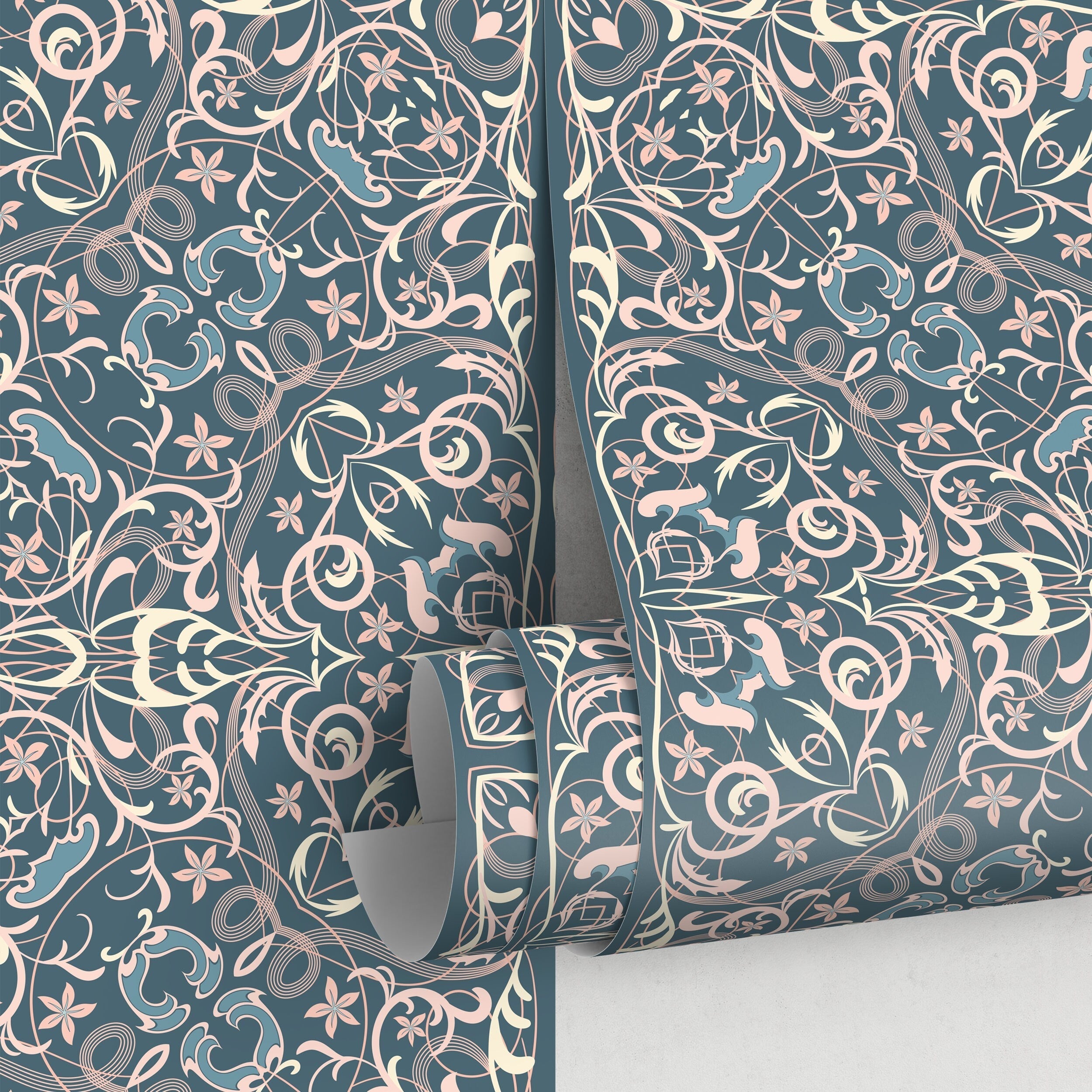 Tile Wallpaper With An Ornate Azulejos Motif In Teal, Pink, And Cream - A586