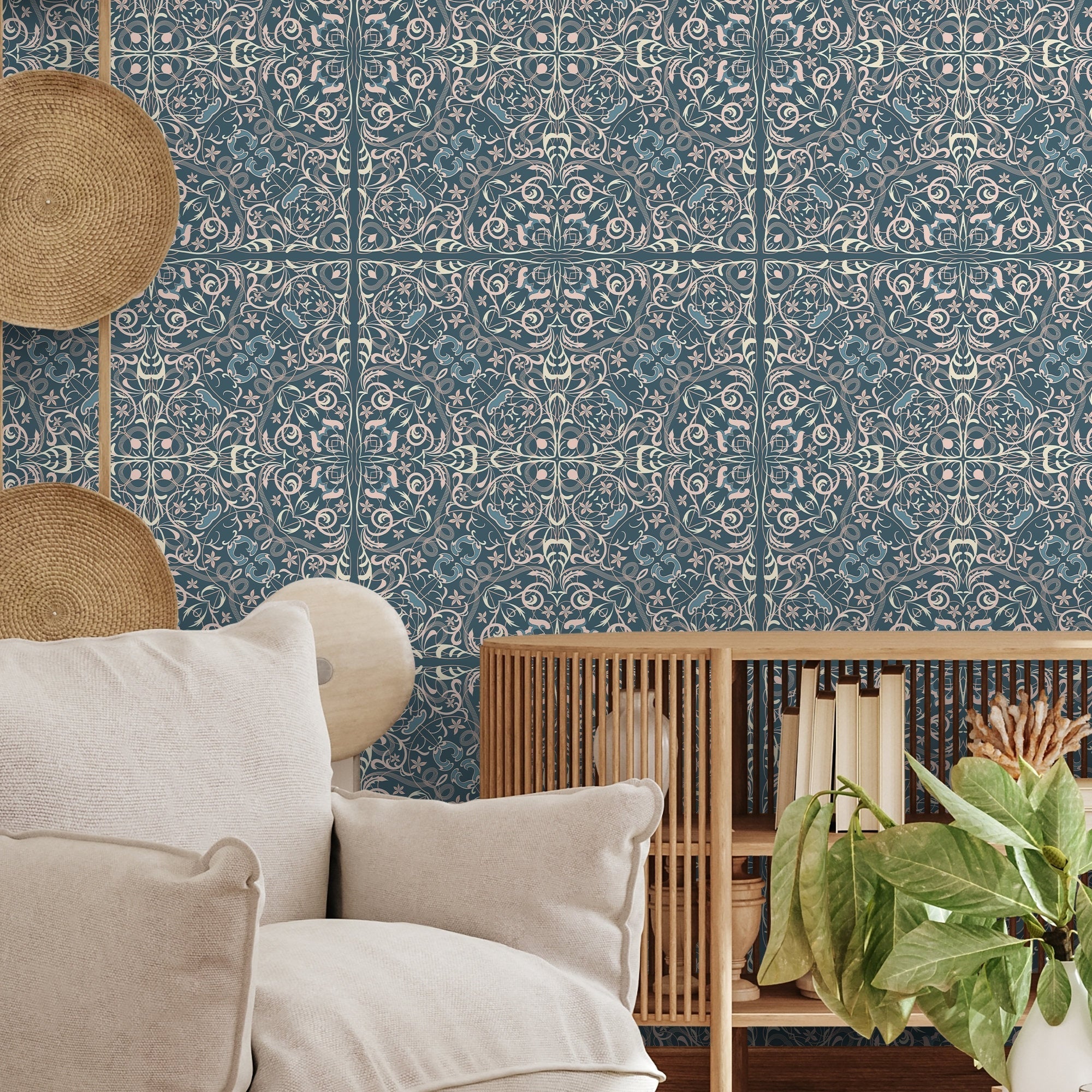 Tile Wallpaper With An Ornate Azulejos Motif In Teal, Pink, And Cream - A586