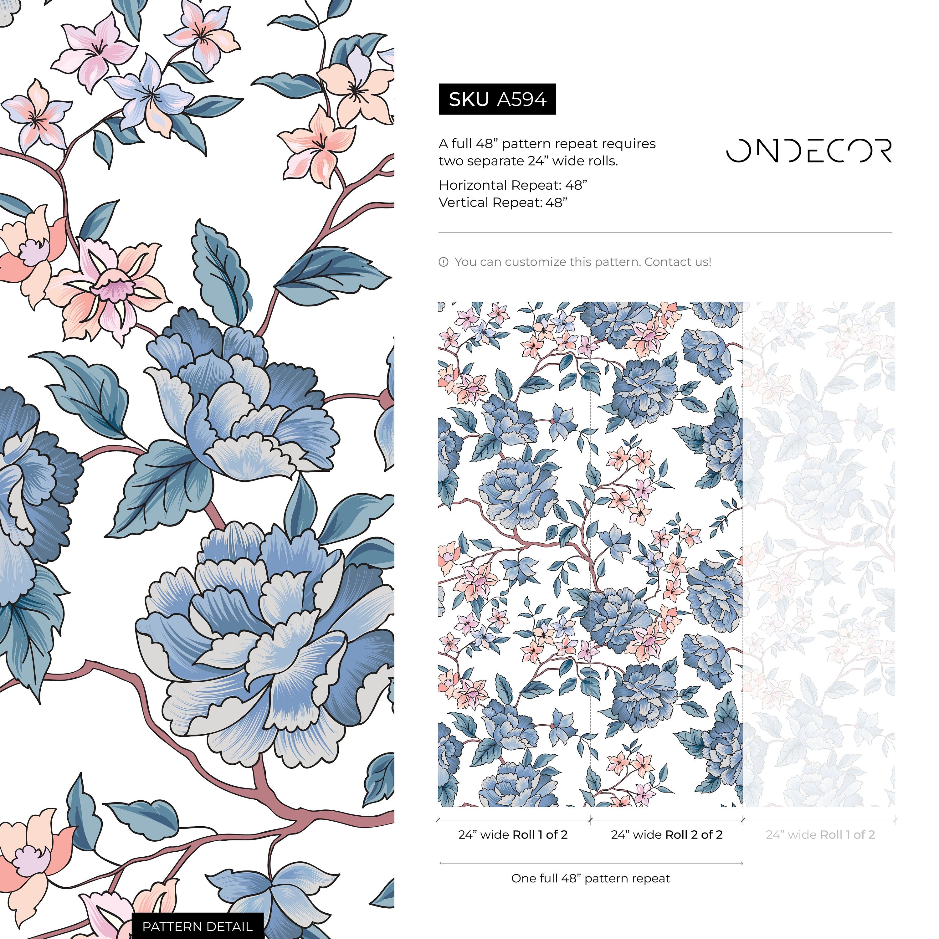 Vintage Floral Wallpaper With Peonies And Blossoms In Blue And Pink - A594