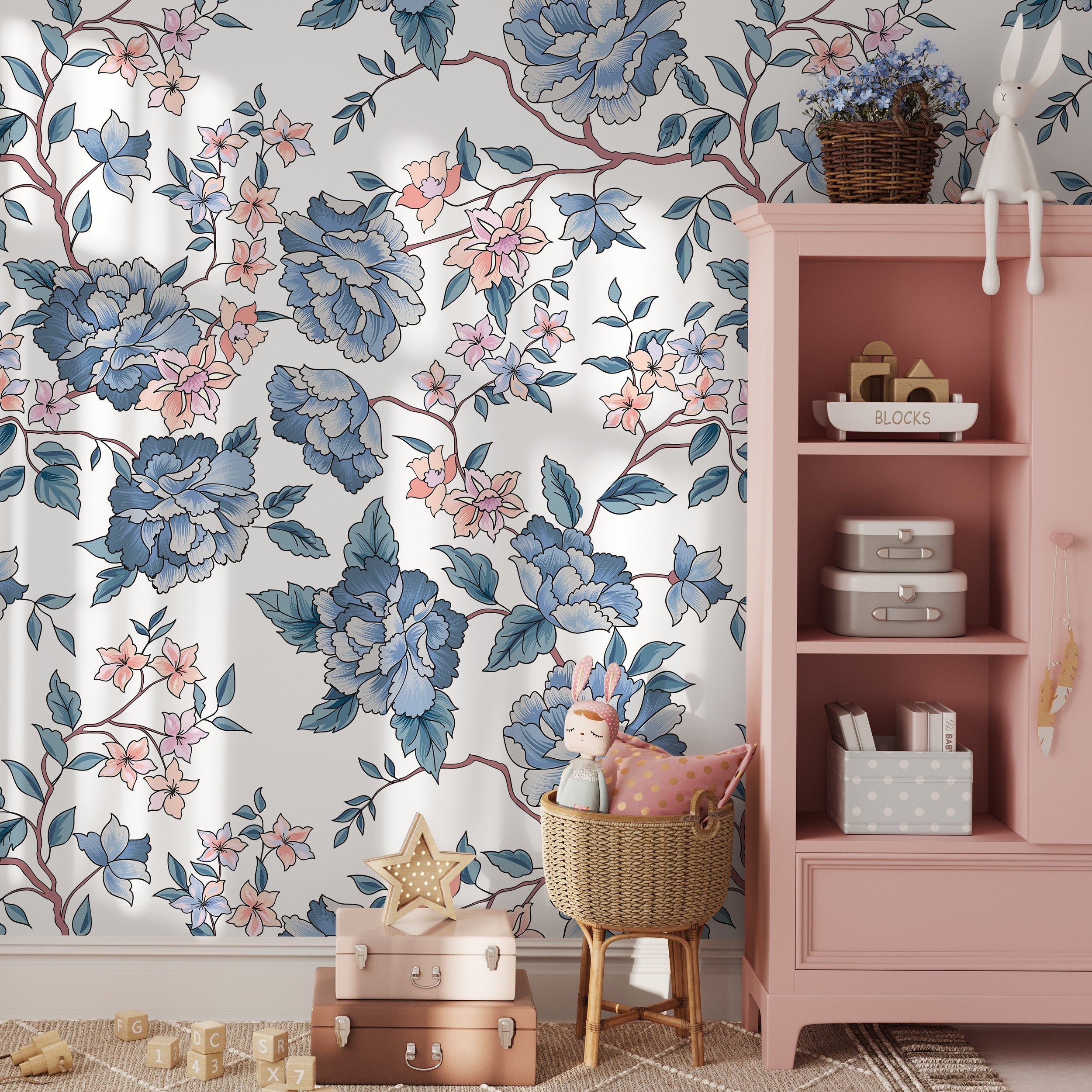 Vintage Floral Wallpaper With Peonies And Blossoms In Blue And Pink - A594
