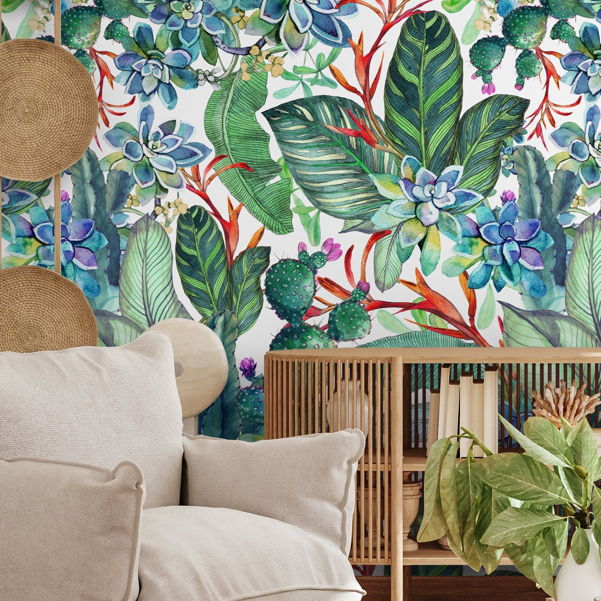 Botanical Wallpaper Featuring Watercolor Succulents And Cacti In Green, Blue, And Red - A612