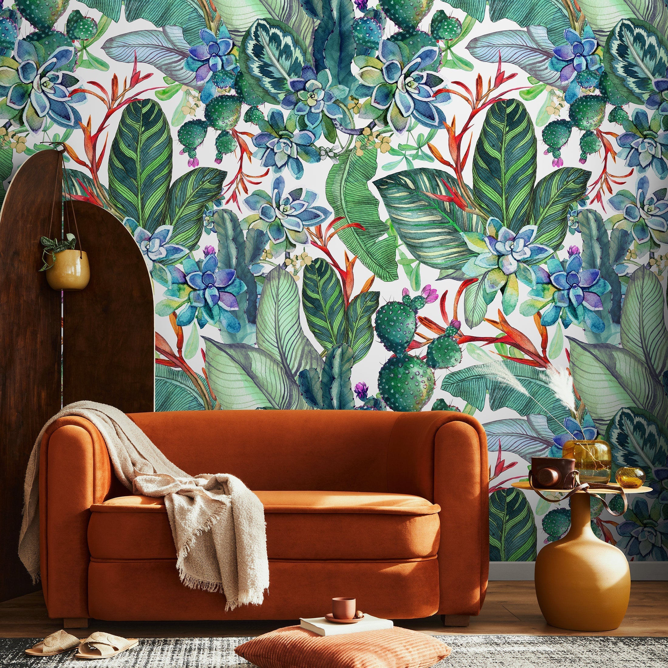 Botanical Wallpaper Featuring Watercolor Succulents And Cacti In Green, Blue, And Red - A612