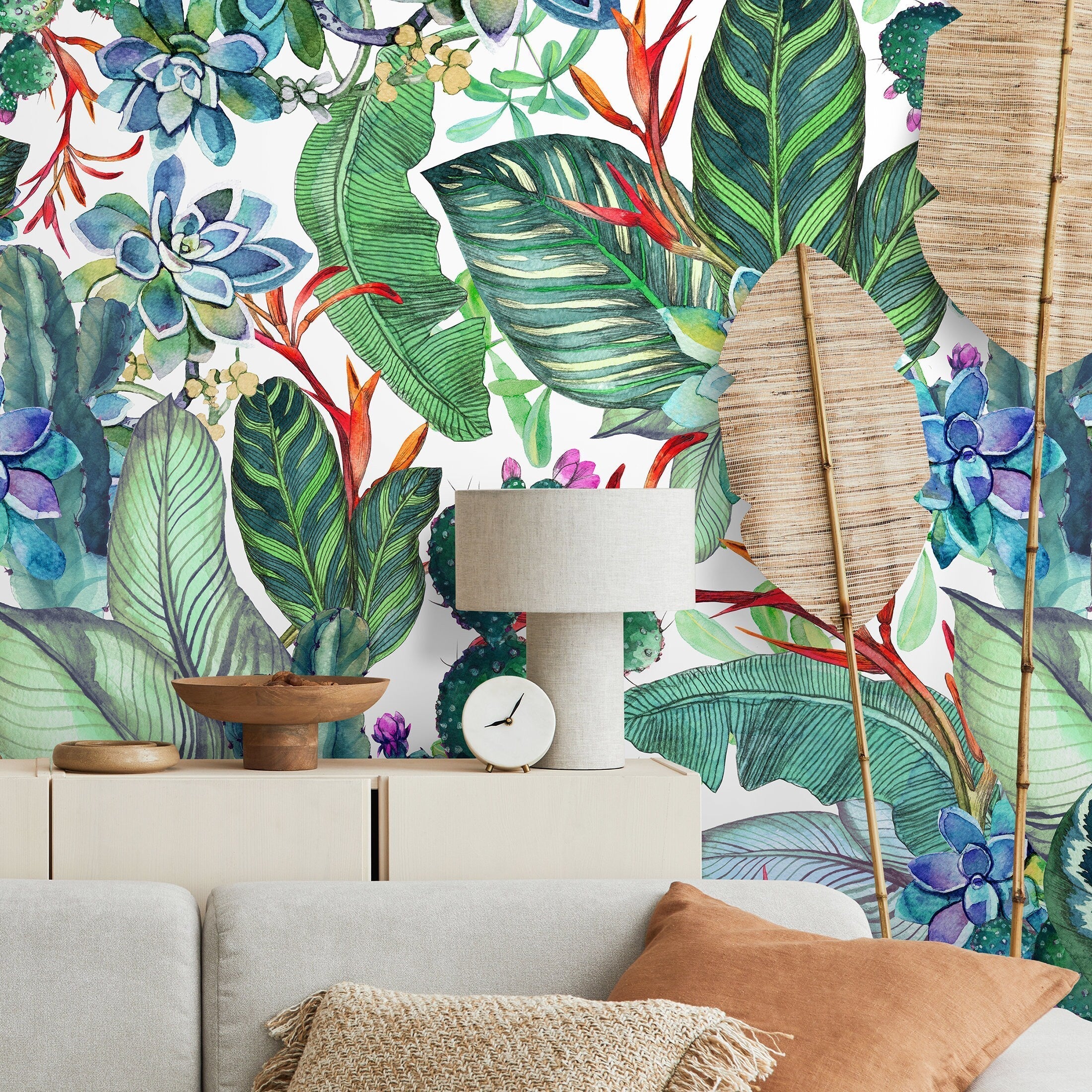 Botanical Wallpaper Featuring Watercolor Succulents And Cacti In Green, Blue, And Red - A612