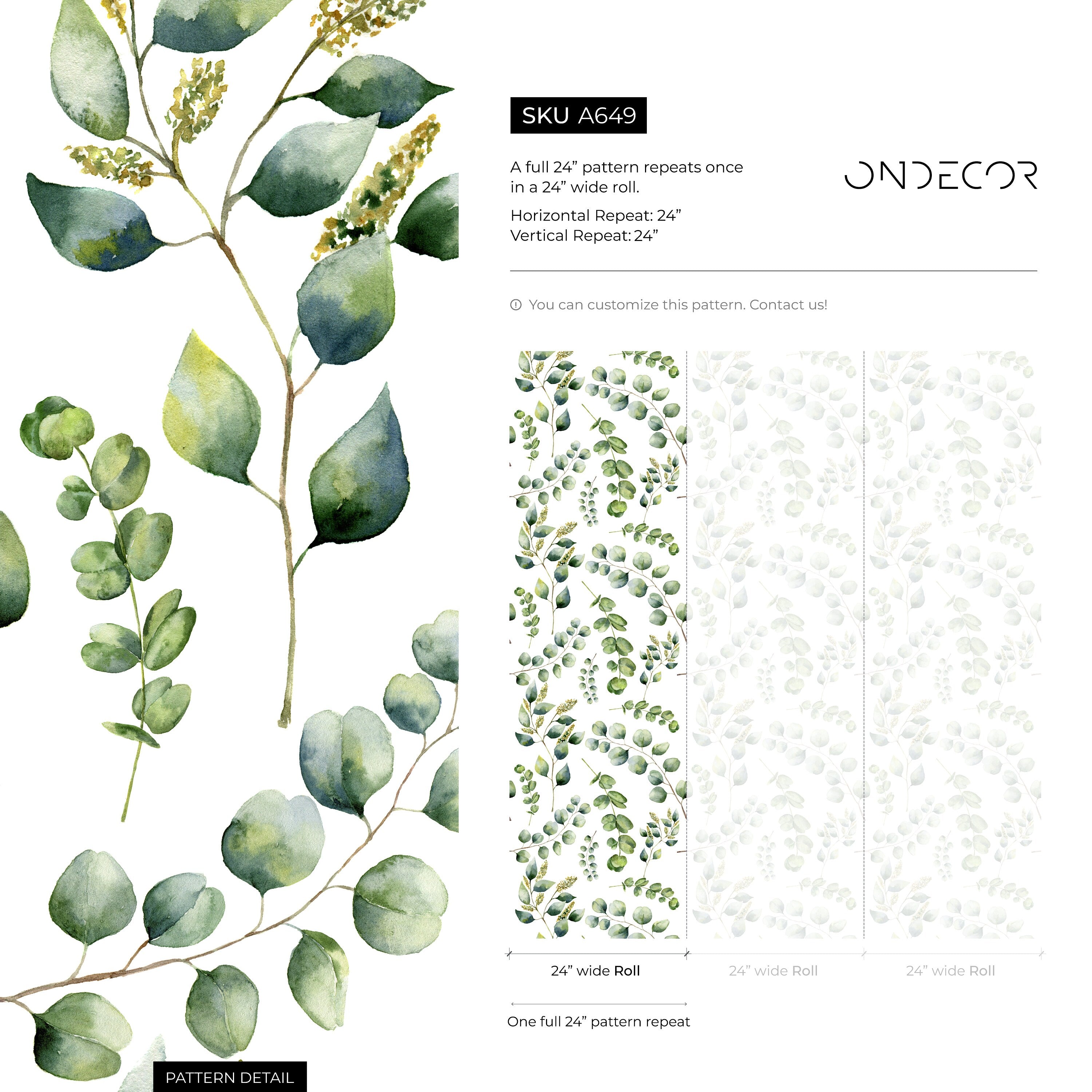 Botanical Wallpaper With A Watercolor Eucalyptus Motif In Green And Brown - A649