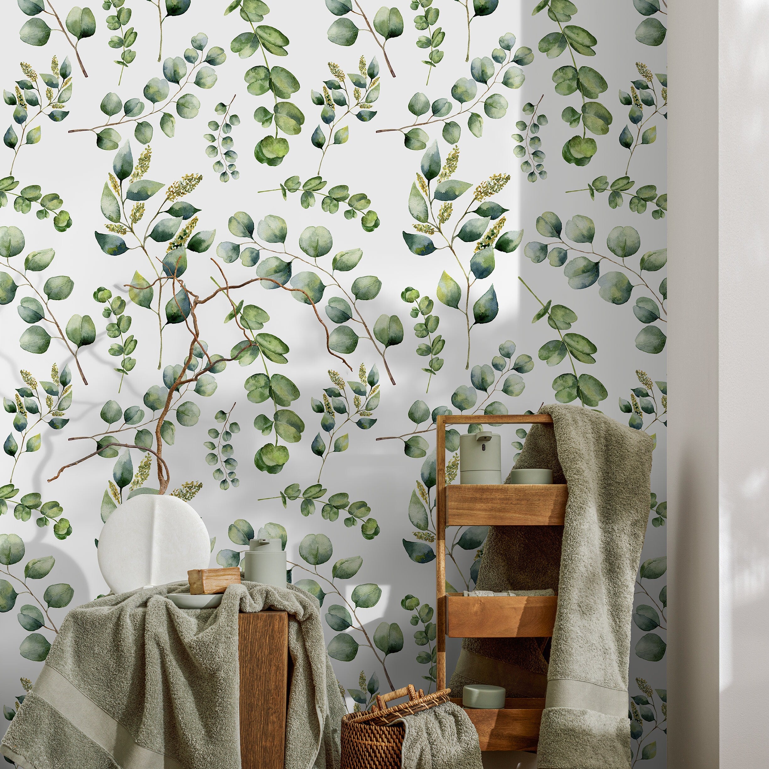 Botanical Wallpaper With A Watercolor Eucalyptus Motif In Green And Brown - A649